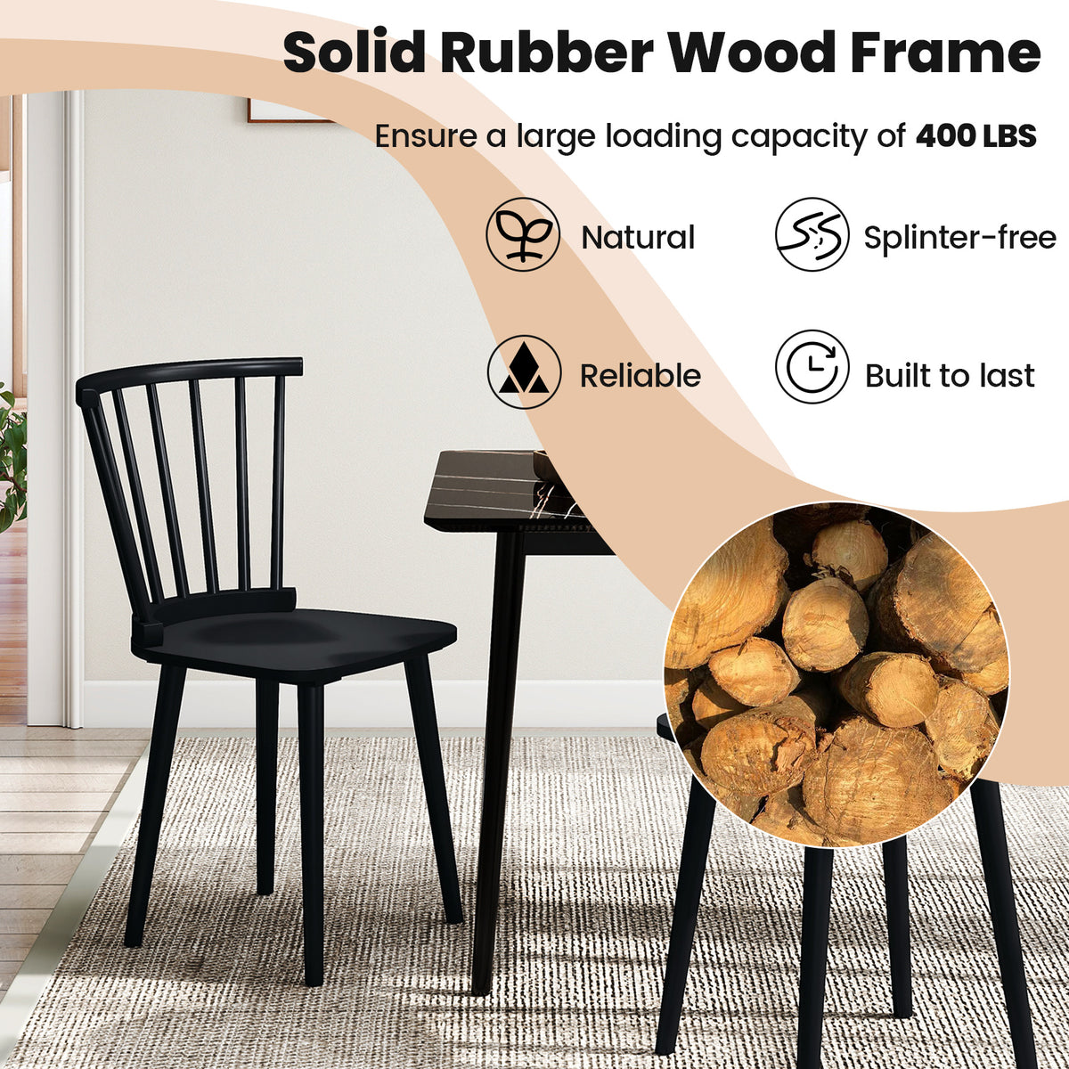 Windsor Dining Chairs Set of 2 Rubber Wood Kitchen Chairs with Spindle Back-Black-Dining Chairs-DECOROLALA