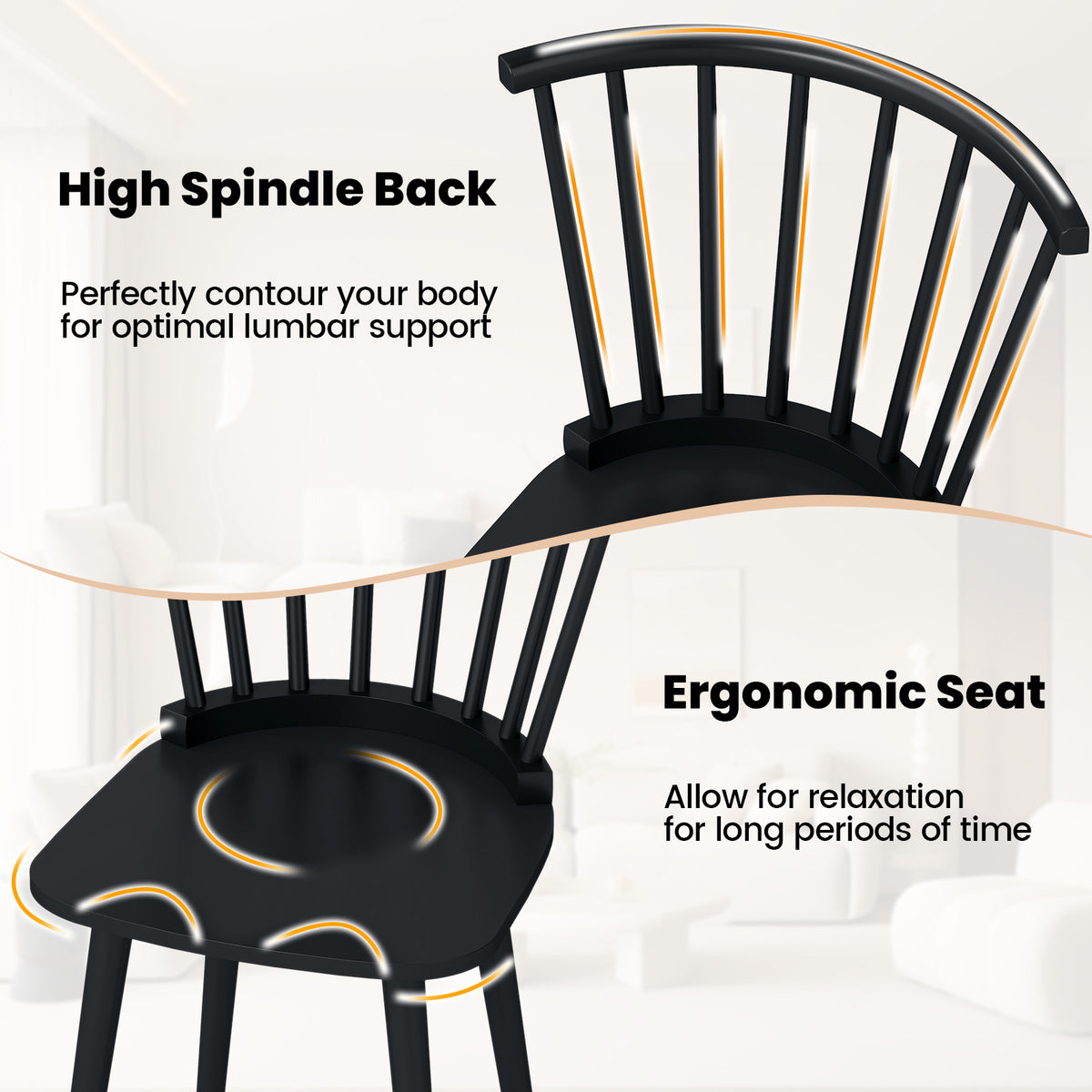 Windsor Dining Chairs Set of 2 Rubber Wood Kitchen Chairs with Spindle Back-Black-Dining Chairs-DECOROLALA