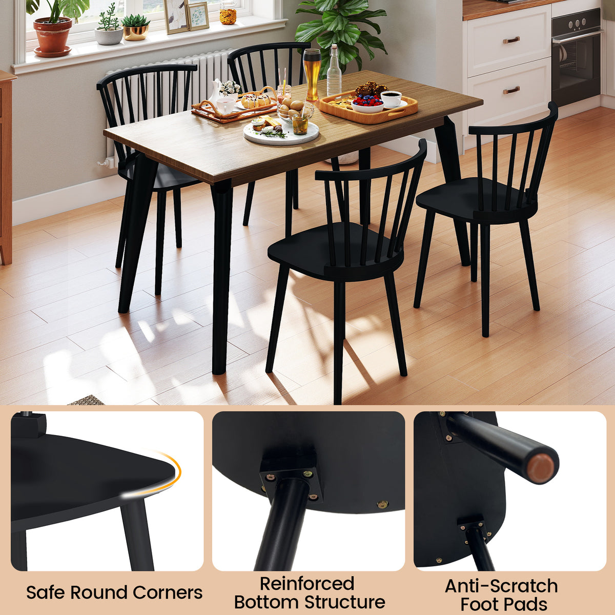 Windsor Dining Chairs Set of 2 Rubber Wood Kitchen Chairs with Spindle Back-Black-Dining Chairs-DECOROLALA