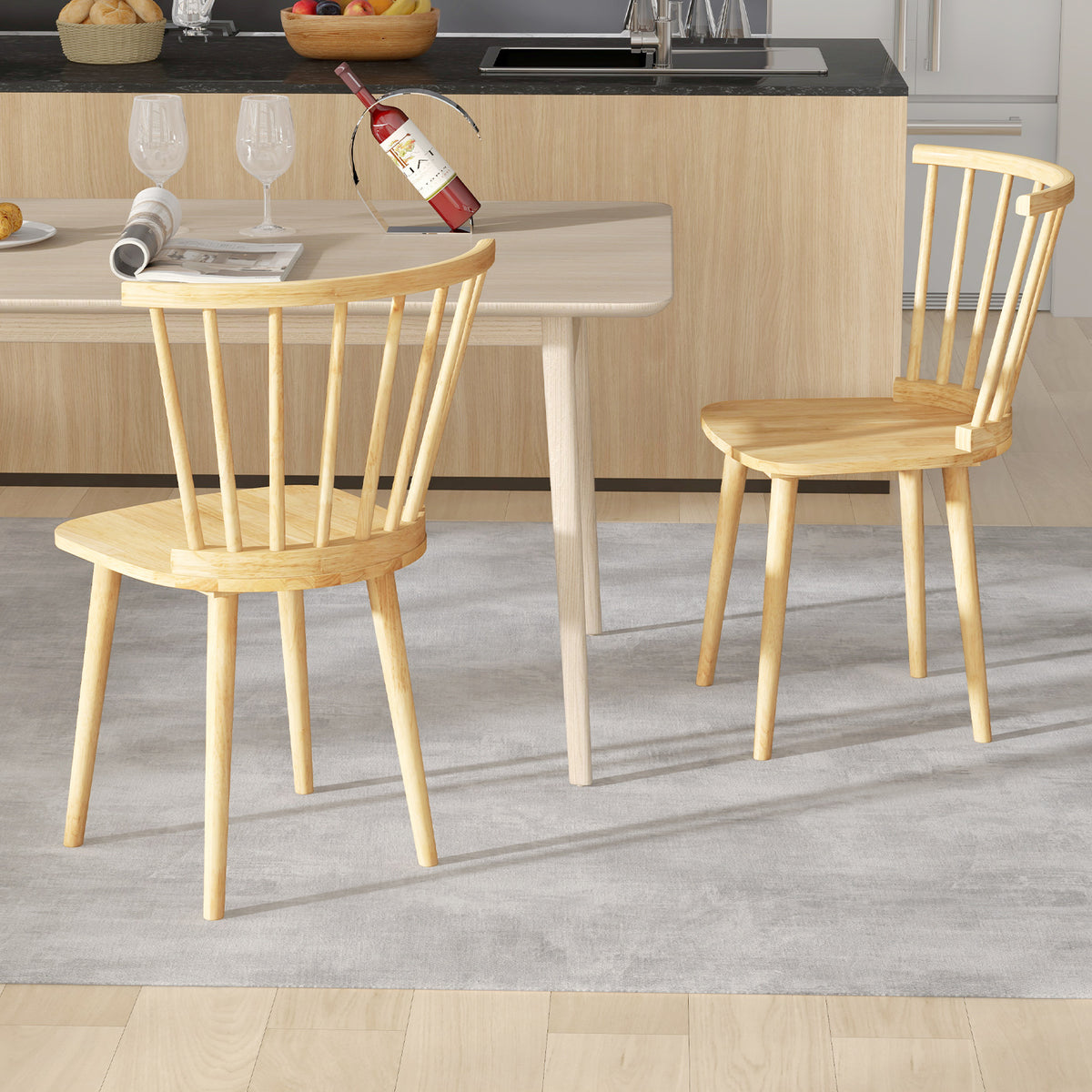 Windsor Dining Chairs Set of 2 Rubber Wood Kitchen Chairs with Spindle Back-Natural-Dining Chairs-DECOROLALA