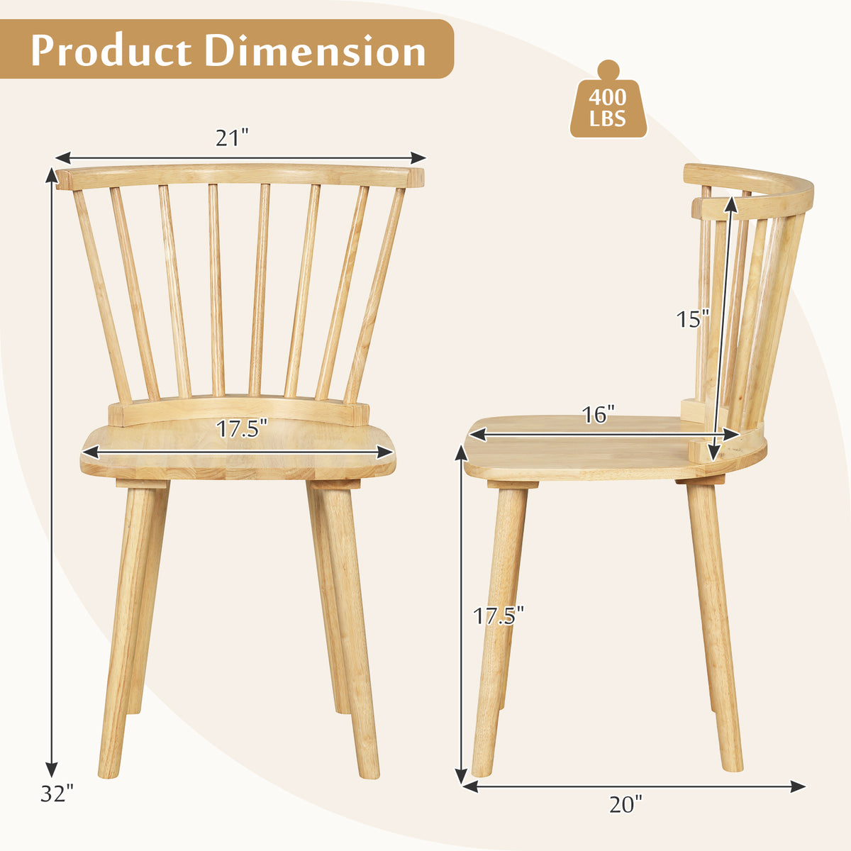 Windsor Dining Chairs Set of 2 Rubber Wood Kitchen Chairs with Spindle Back-Natural-Dining Chairs-DECOROLALA