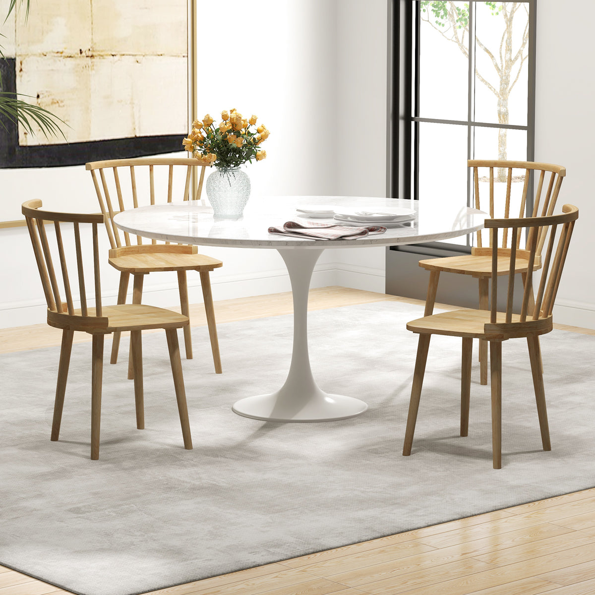 Windsor Dining Chairs Set of 2 Rubber Wood Kitchen Chairs with Spindle Back-Natural-Dining Chairs-DECOROLALA