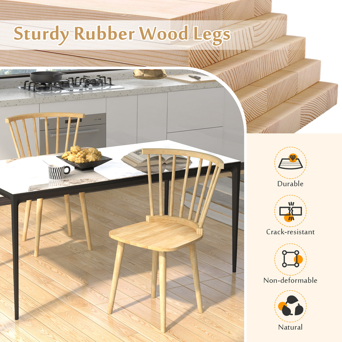 Windsor Dining Chairs Set of 2 Rubber Wood Kitchen Chairs with Spindle Back-Natural-Dining Chairs-DECOROLALA