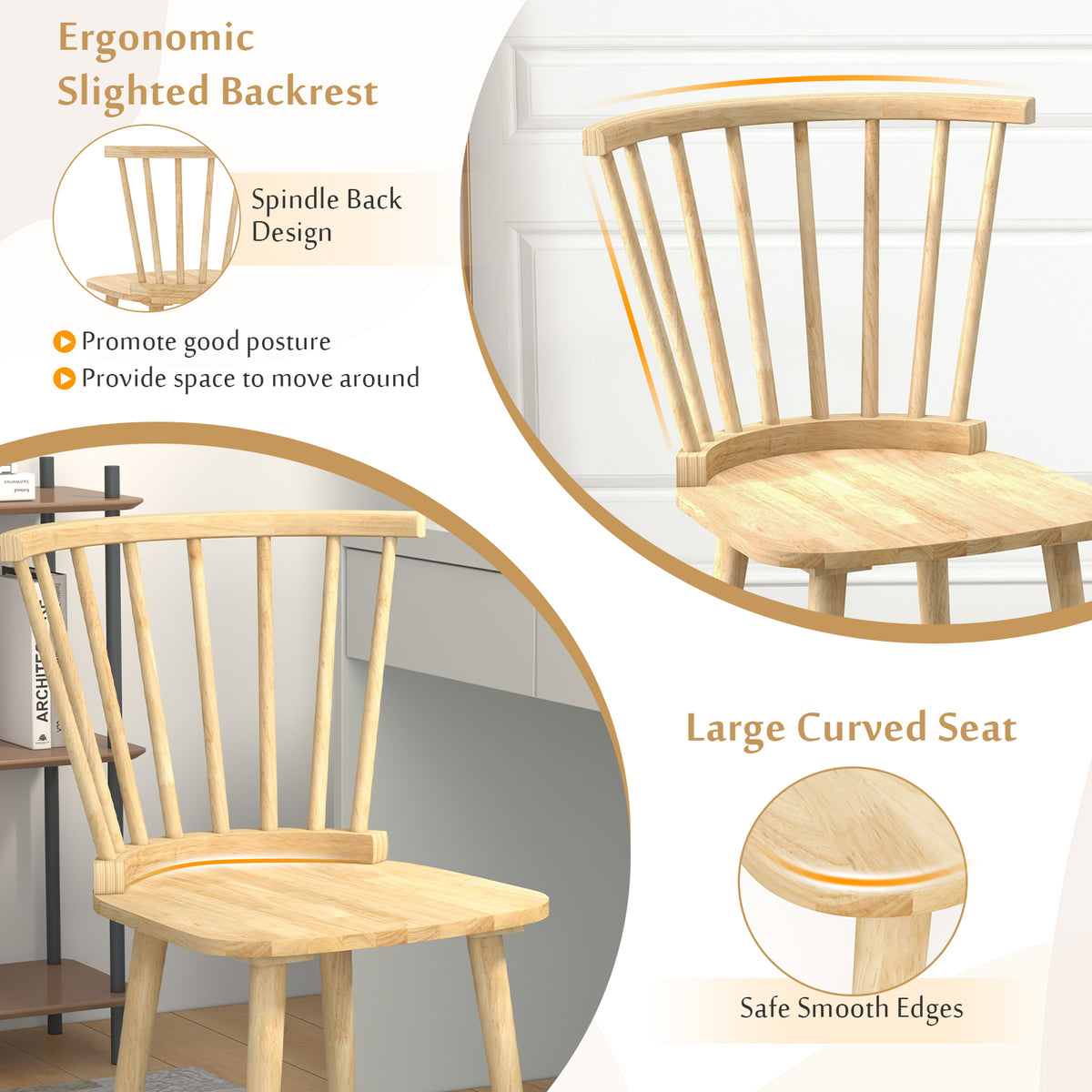 Windsor Dining Chairs Set of 2 Rubber Wood Kitchen Chairs with Spindle Back-Natural-Dining Chairs-DECOROLALA