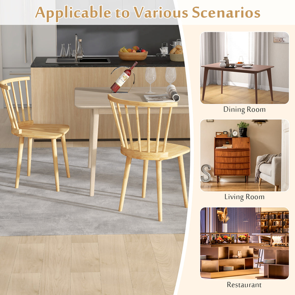 Windsor Dining Chairs Set of 2 Rubber Wood Kitchen Chairs with Spindle Back-Natural-Dining Chairs-DECOROLALA