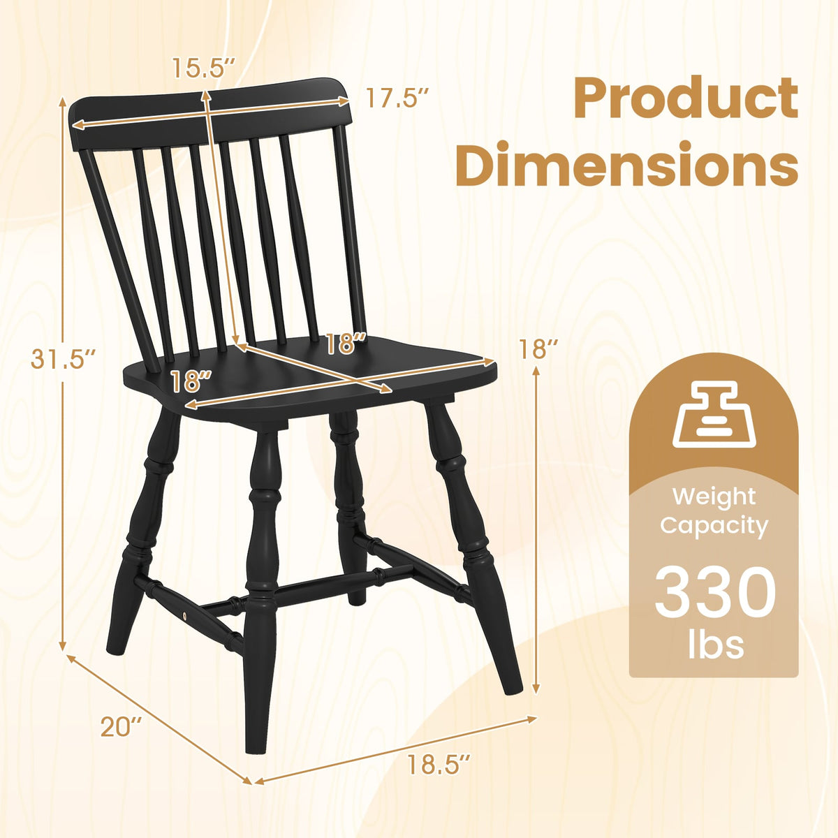 Windsor Dining Chairs Set of 2 with Curved Spindle Back-Black-Dining Chairs-DECOROLALA