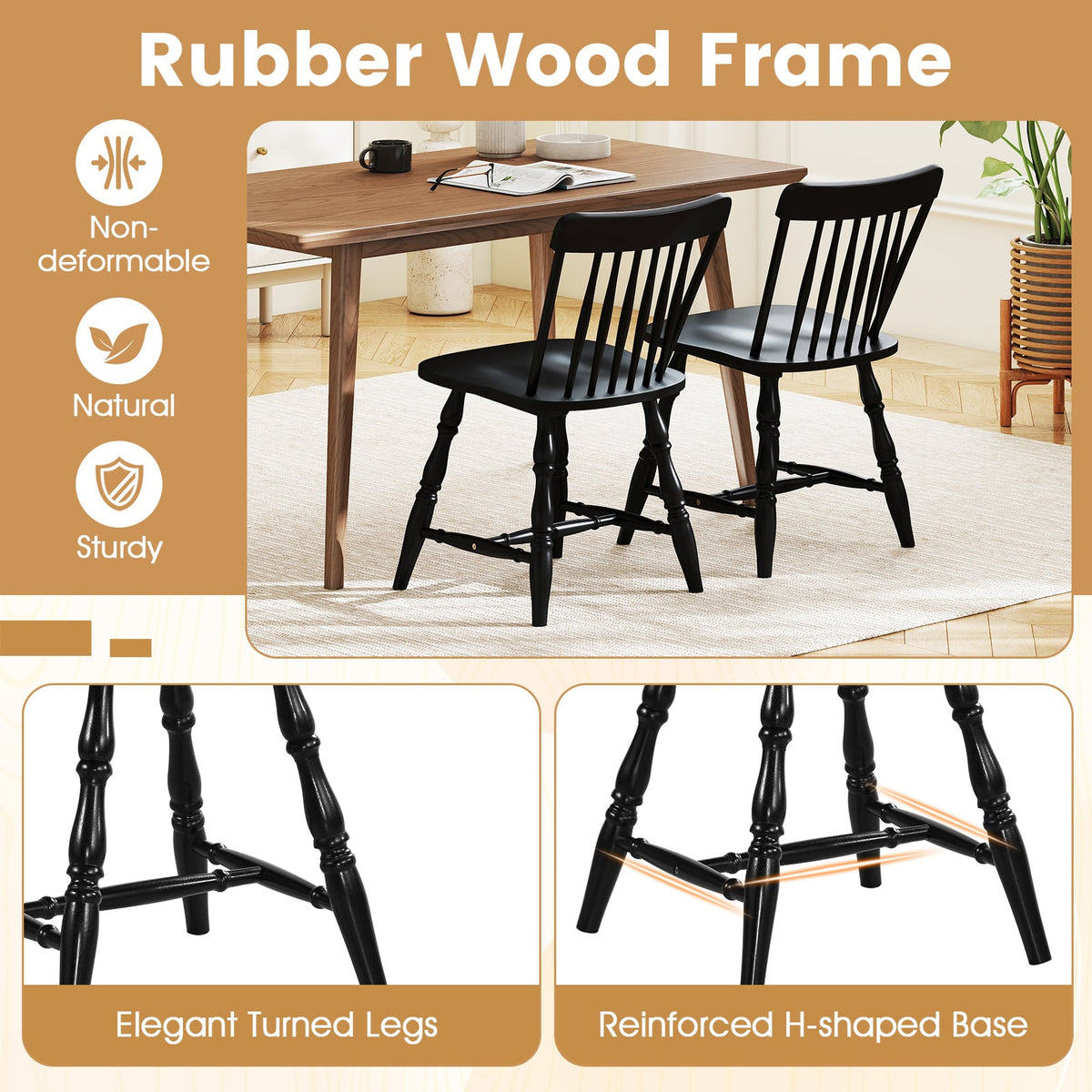 Windsor Dining Chairs Set of 2 with Curved Spindle Back-Black-Dining Chairs-DECOROLALA