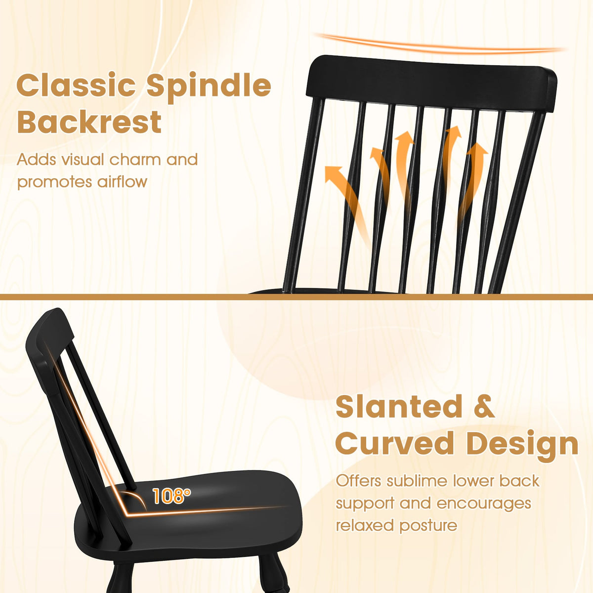 Windsor Dining Chairs Set of 2 with Curved Spindle Back-Black-Dining Chairs-DECOROLALA