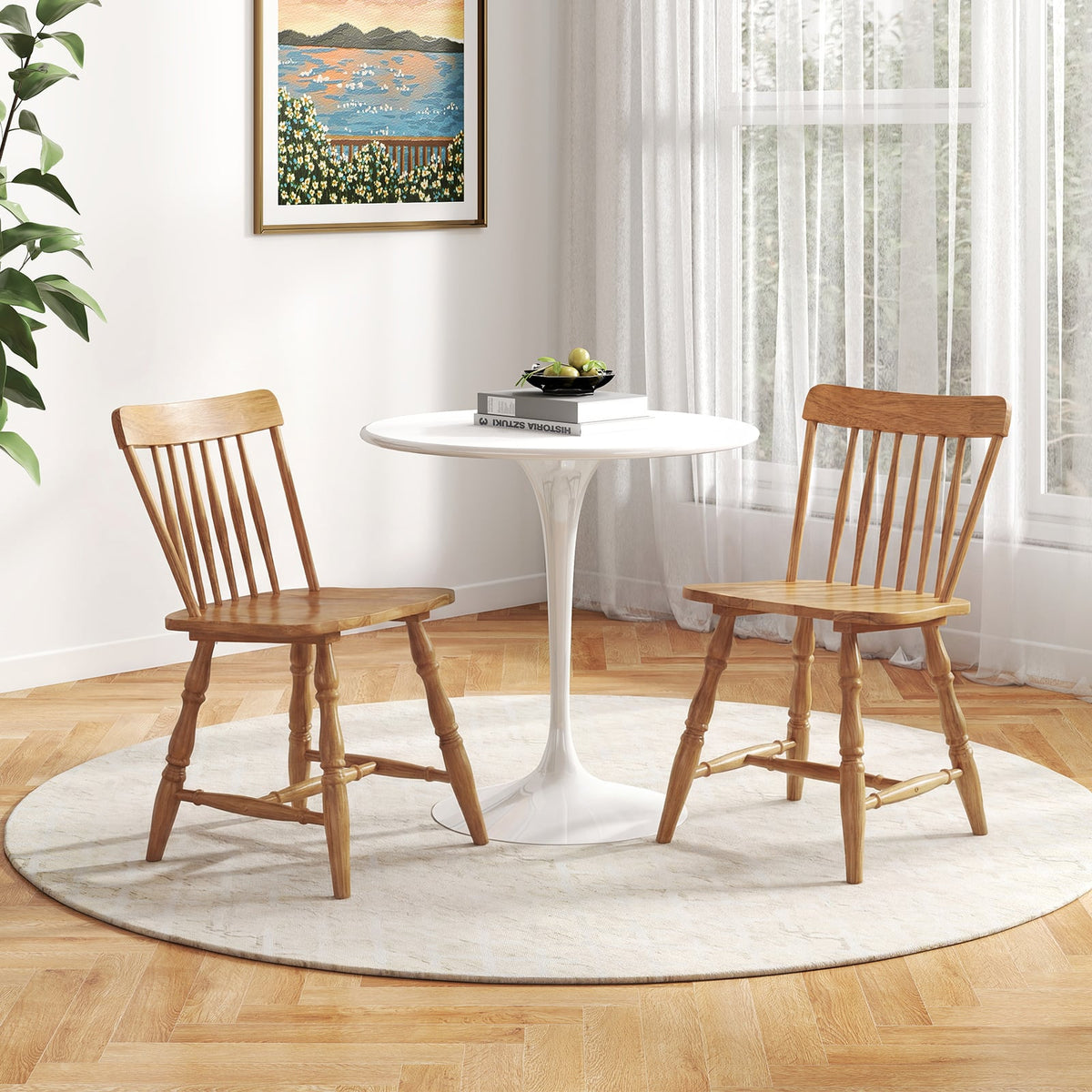 Windsor Dining Chairs Set of 2 with Curved Spindle Back-Natural-Dining Chairs-DECOROLALA