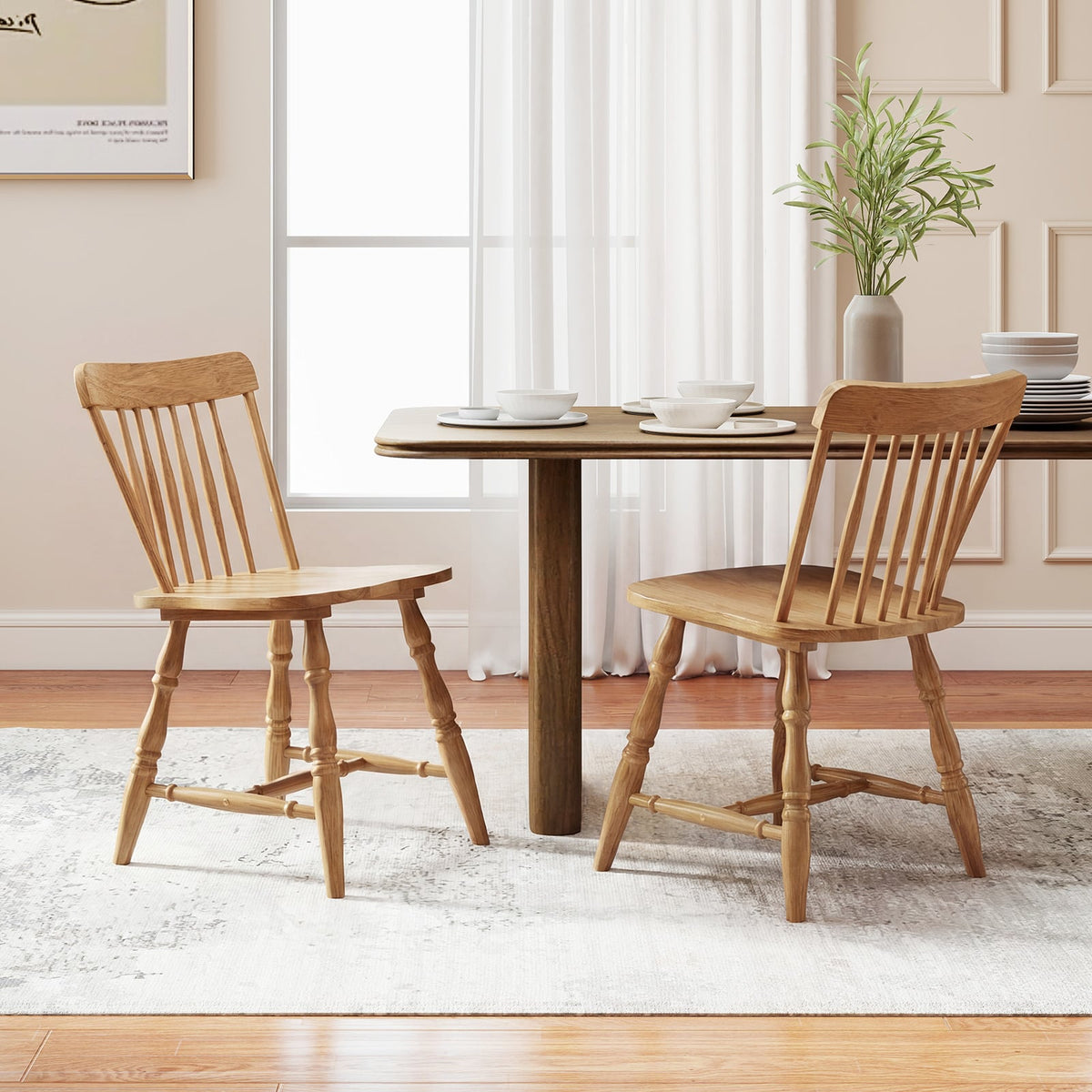 Windsor Dining Chairs Set of 2 with Curved Spindle Back-Natural-Dining Chairs-DECOROLALA