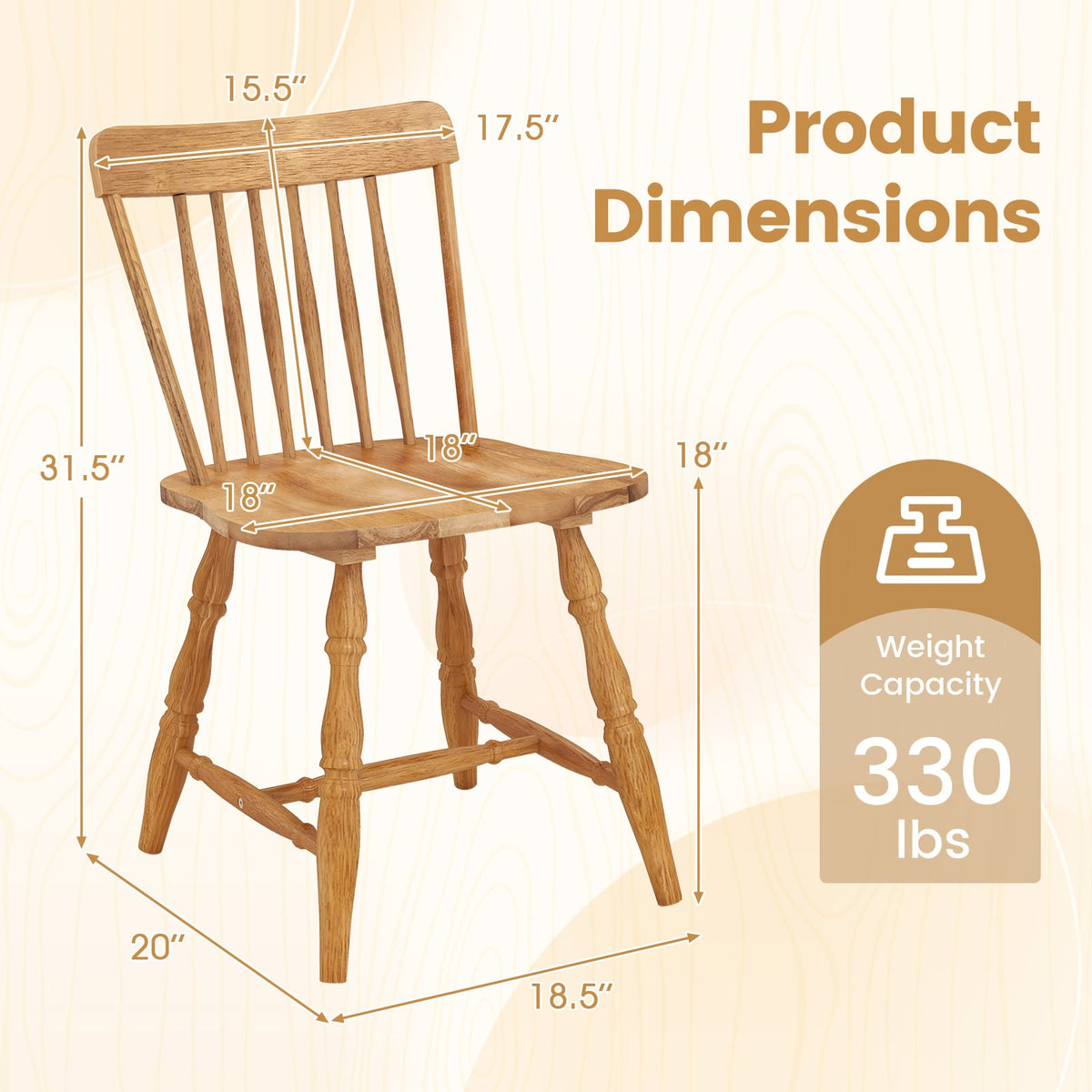 Windsor Dining Chairs Set of 2 with Curved Spindle Back-Natural-Dining Chairs-DECOROLALA