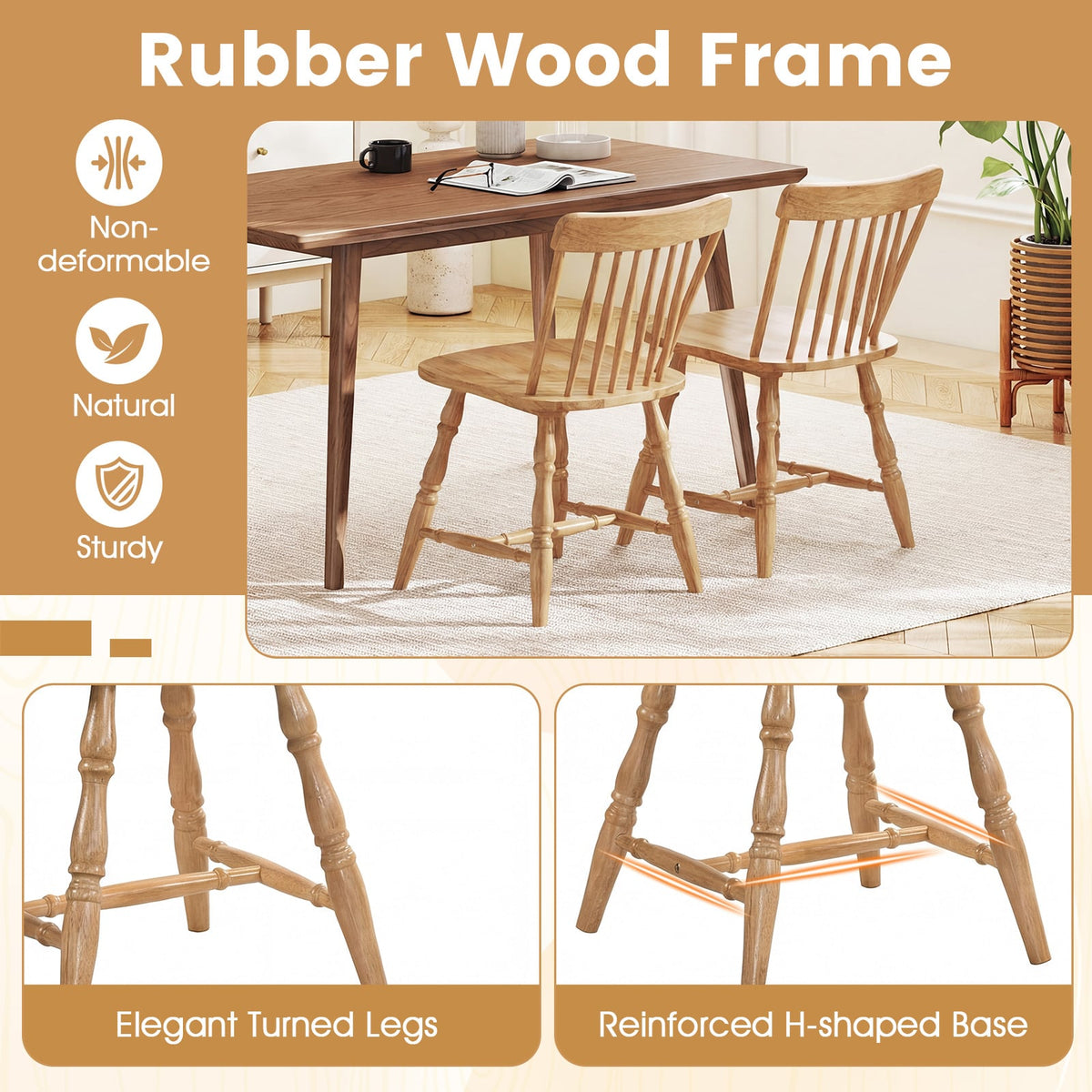 Windsor Dining Chairs Set of 2 with Curved Spindle Back-Natural-Dining Chairs-DECOROLALA