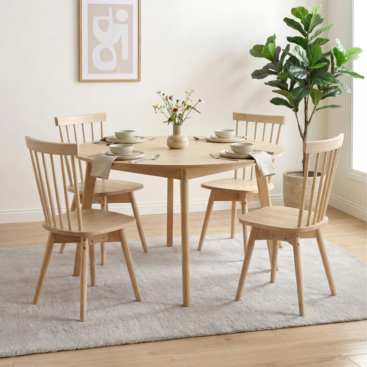 Windsor Dining Chairs Set of 4 Mid Century Rubber Wood Kitchen Chairs with Swivel Seat-Natural-Dining Chairs-DECOROLALA