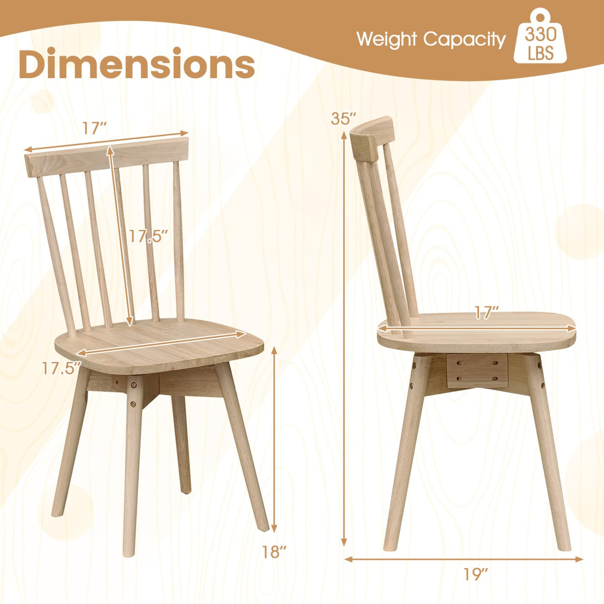 Windsor Dining Chairs Set of 4 Mid Century Rubber Wood Kitchen Chairs with Swivel Seat-Natural-Dining Chairs-DECOROLALA