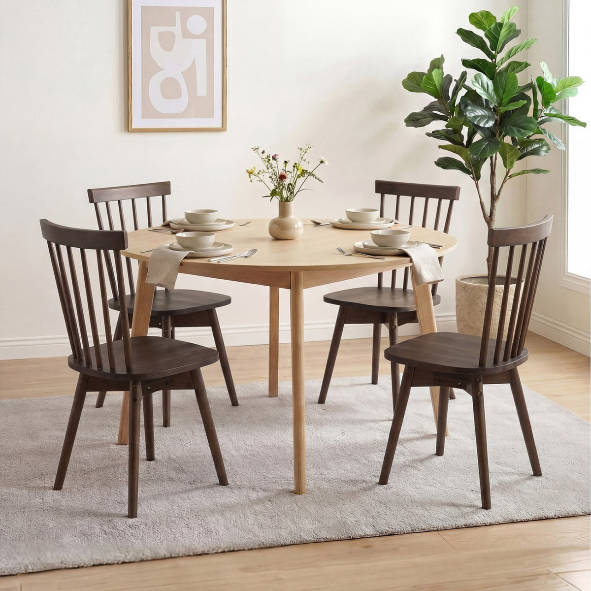Windsor Dining Chairs Set of 4 Mid Century Rubber Wood Kitchen Chairs with Swivel Seat-Walnut-Dining Chairs-DECOROLALA