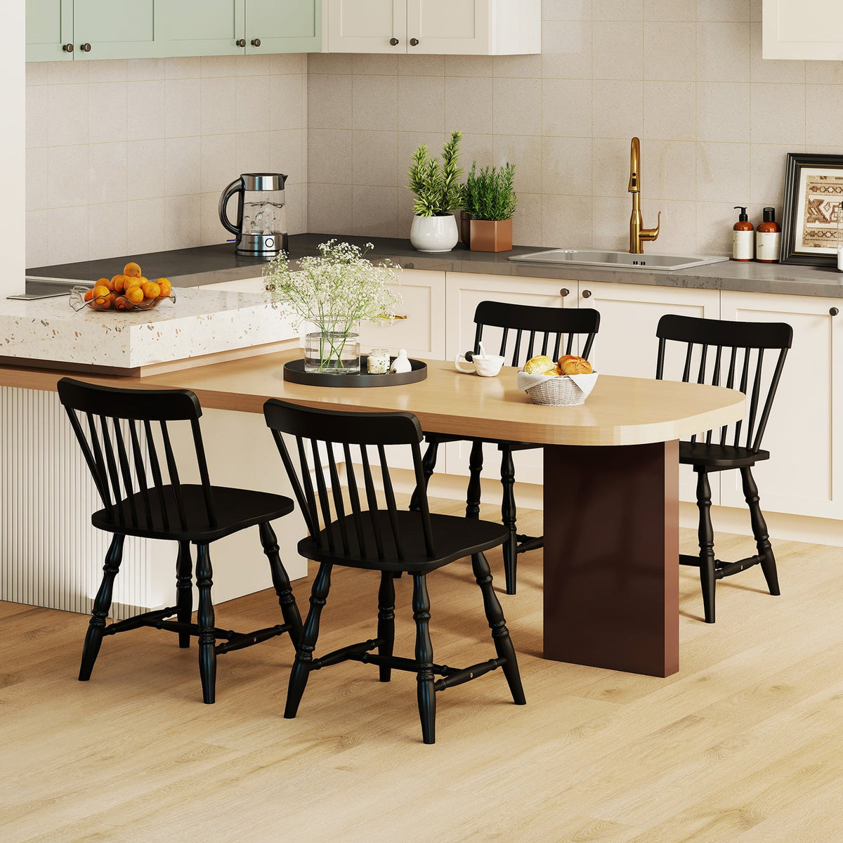 Windsor Dining Chairs Set of 4 with Curved Spindle Back-Black-Dining Chairs-DECOROLALA