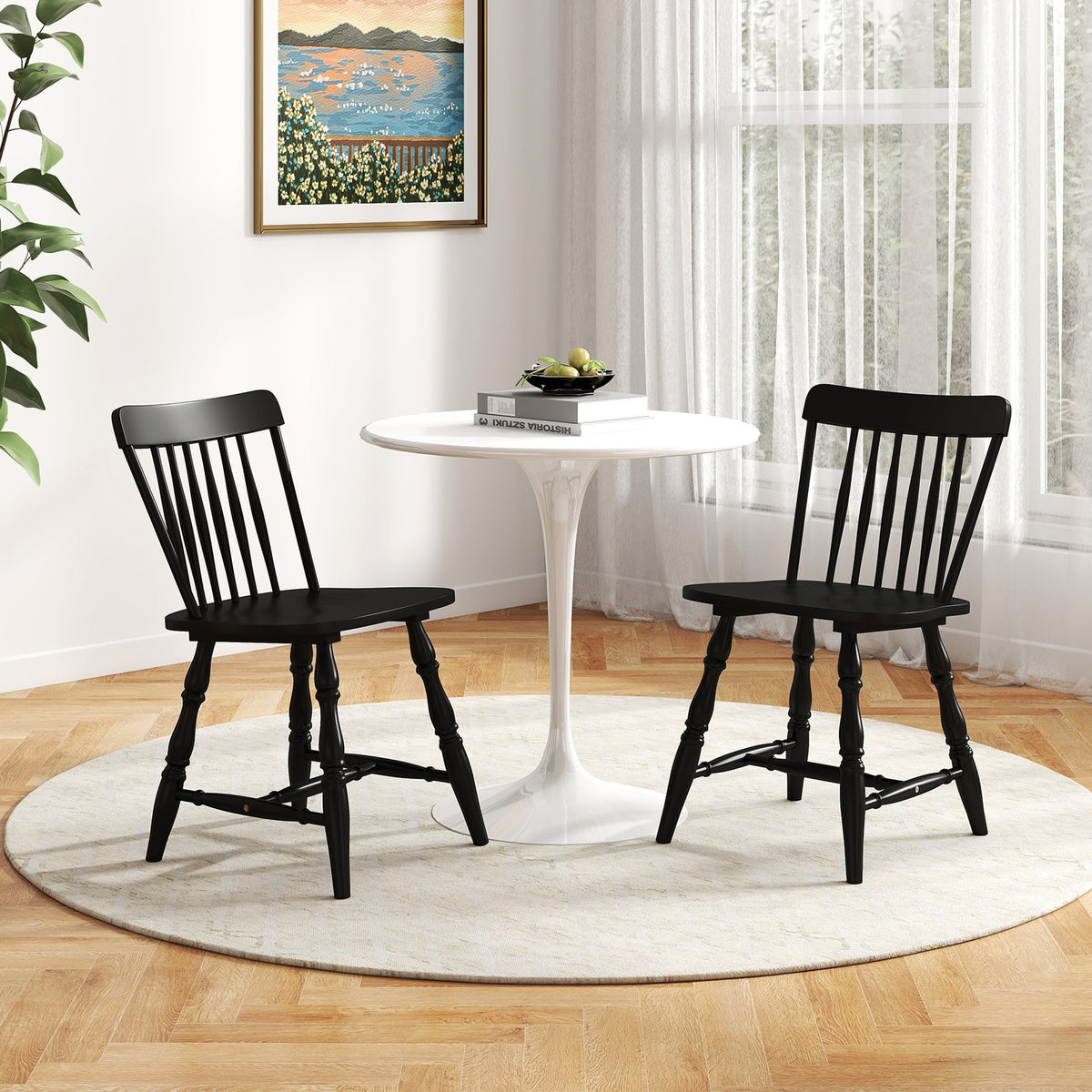 Windsor Dining Chairs Set of 4 with Curved Spindle Back-Black-Dining Chairs-DECOROLALA