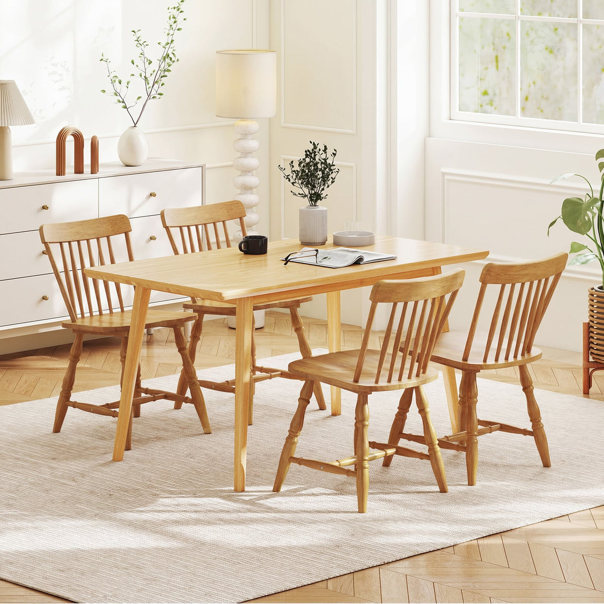 Windsor Dining Chairs Set of 4 with Curved Spindle Back-Natural-Dining Chairs-DECOROLALA