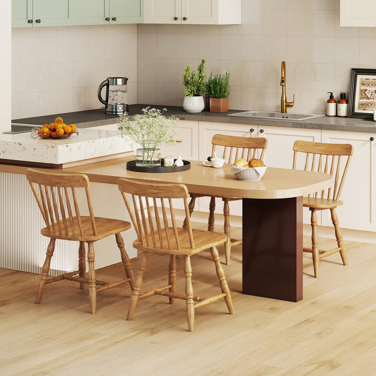 Windsor Dining Chairs Set of 4 with Curved Spindle Back-Natural-Dining Chairs-DECOROLALA