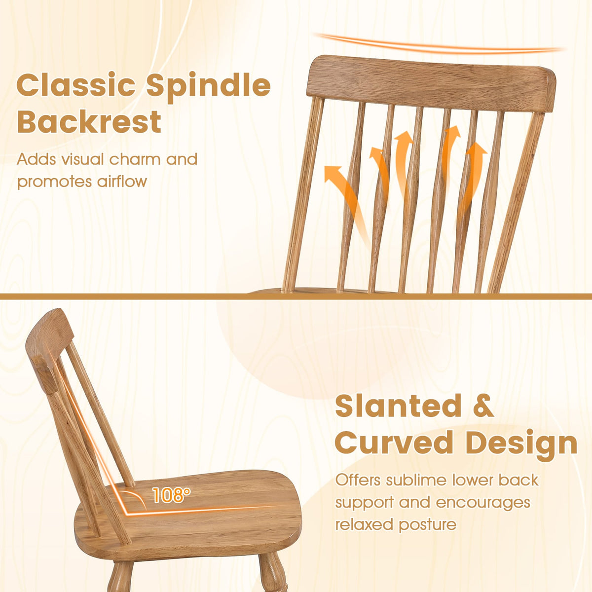 Windsor Dining Chairs Set of 4 with Curved Spindle Back-Natural-Dining Chairs-DECOROLALA