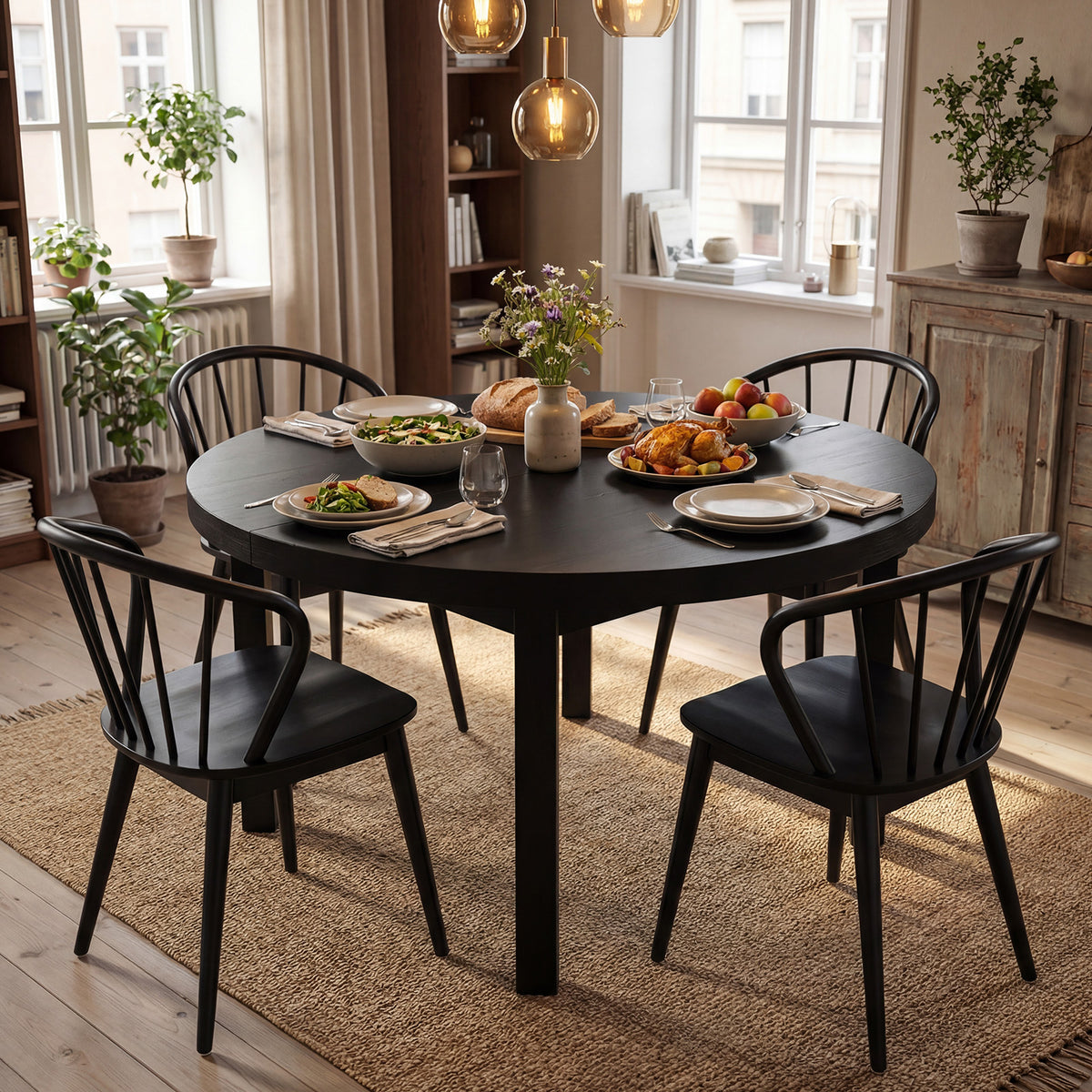 Windsor Dining Chairs Set of 4 with Spindle Backrest-Black-Dining Chairs-DECOROLALA