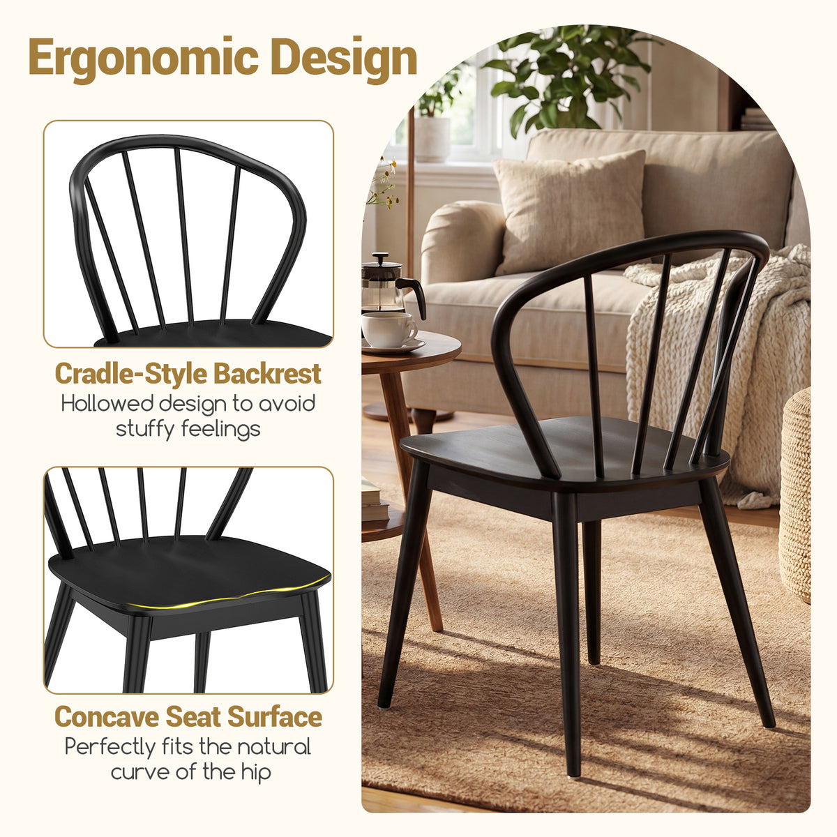 Windsor Dining Chairs Set of 4 with Spindle Backrest-Black-Dining Chairs-DECOROLALA