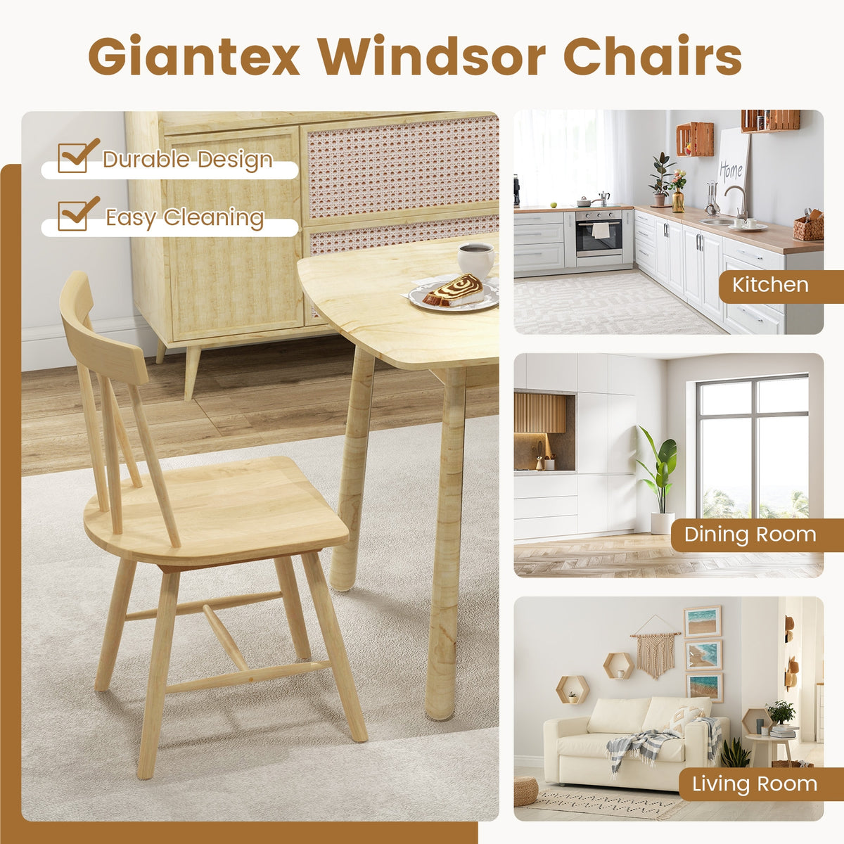 Windsor Style Armless Chairs with Solid Rubber Wood Frame-Natural-Chairs-DECOROLALA