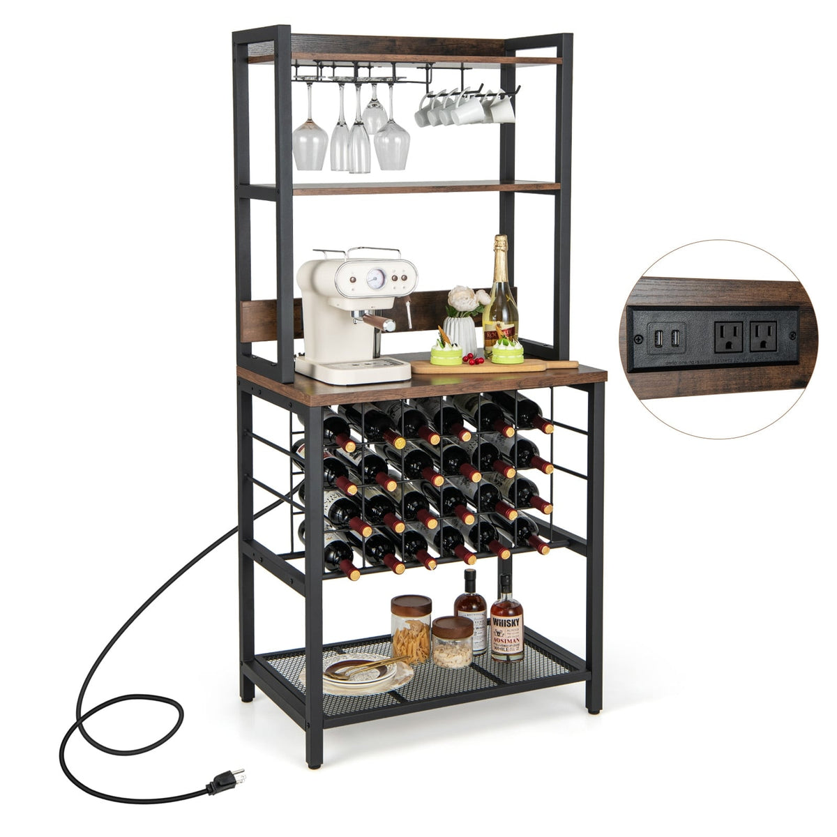 Wine Bar Cabinet Wine Rack with 4 Tier Storage Shelves and Glass Holders-Brown-Wine Racks-DECOROLALA