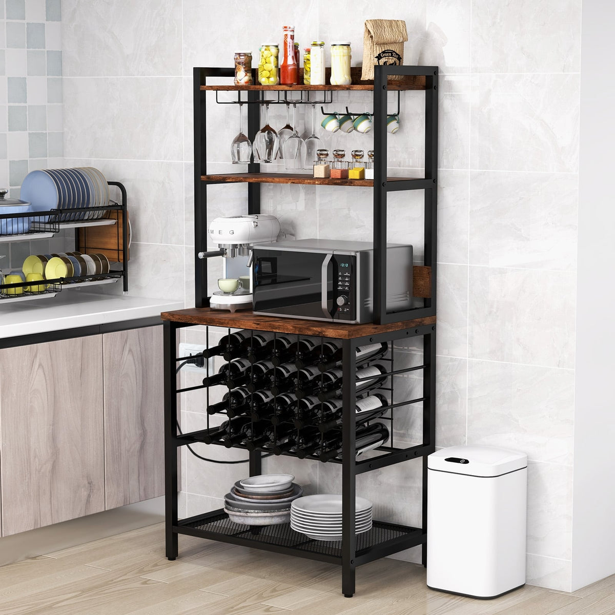 Wine Bar Cabinet Wine Rack with 4 Tier Storage Shelves and Glass Holders-Brown-Wine Racks-DECOROLALA