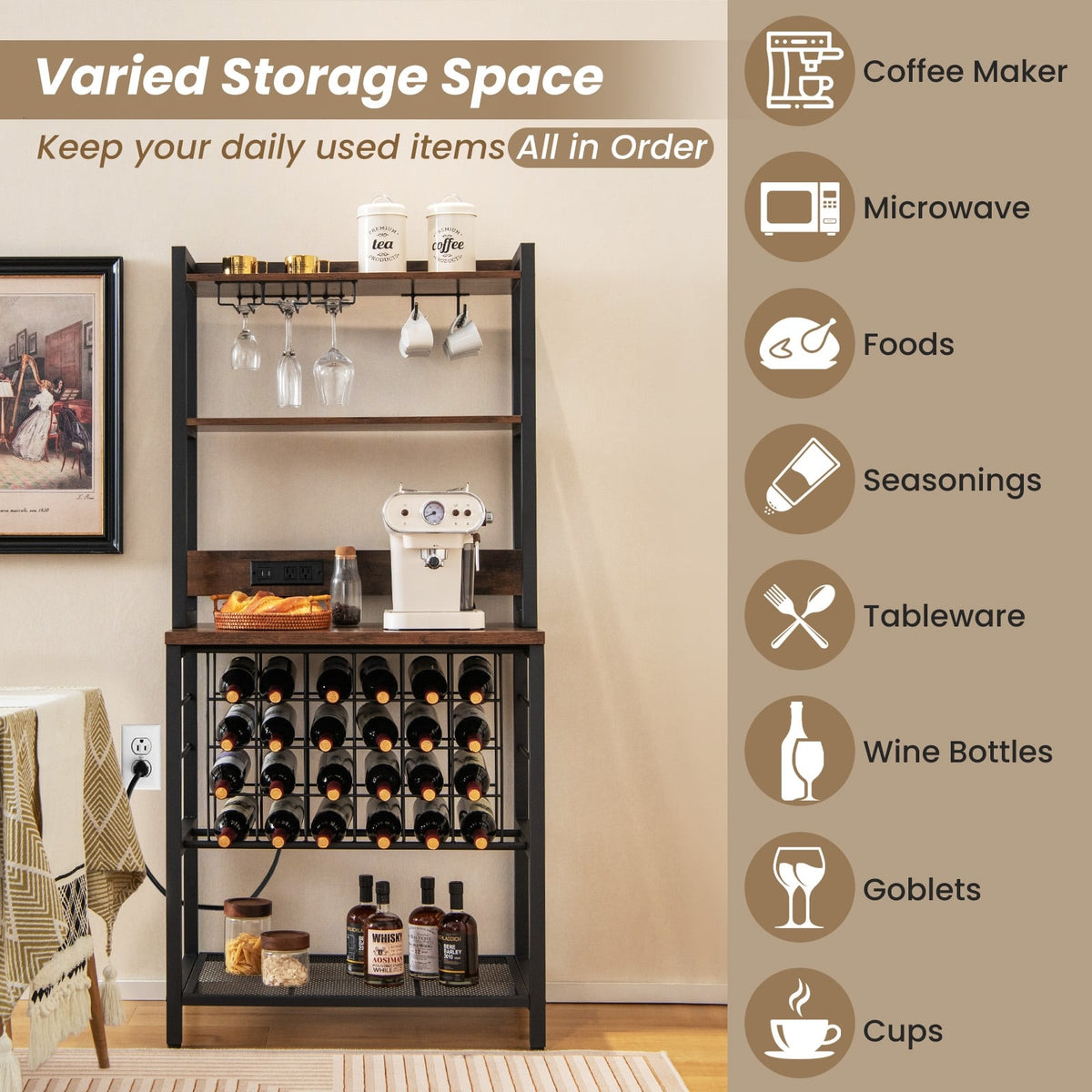 Wine Bar Cabinet Wine Rack with 4 Tier Storage Shelves and Glass Holders-Brown-Wine Racks-DECOROLALA