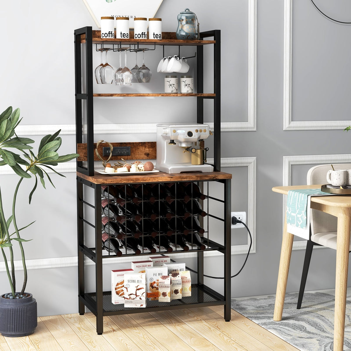 Wine Bar Cabinet Wine Rack with 4 Tier Storage Shelves and Glass Holders-Brown-Wine Racks-DECOROLALA