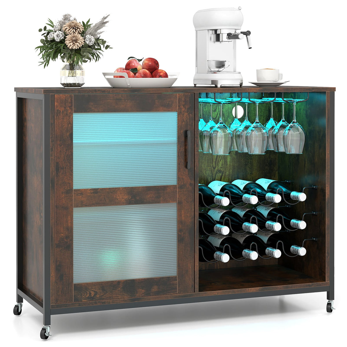 Wine Bar Cabinet with LED Light and Adjustable Shelves-Rustic Brown-Wine Racks-DECOROLALA