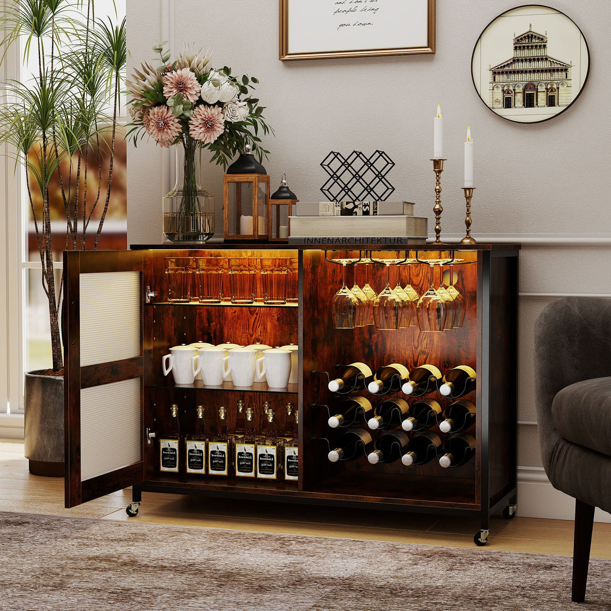 Wine Bar Cabinet with LED Light and Adjustable Shelves-Rustic Brown-Wine Racks-DECOROLALA