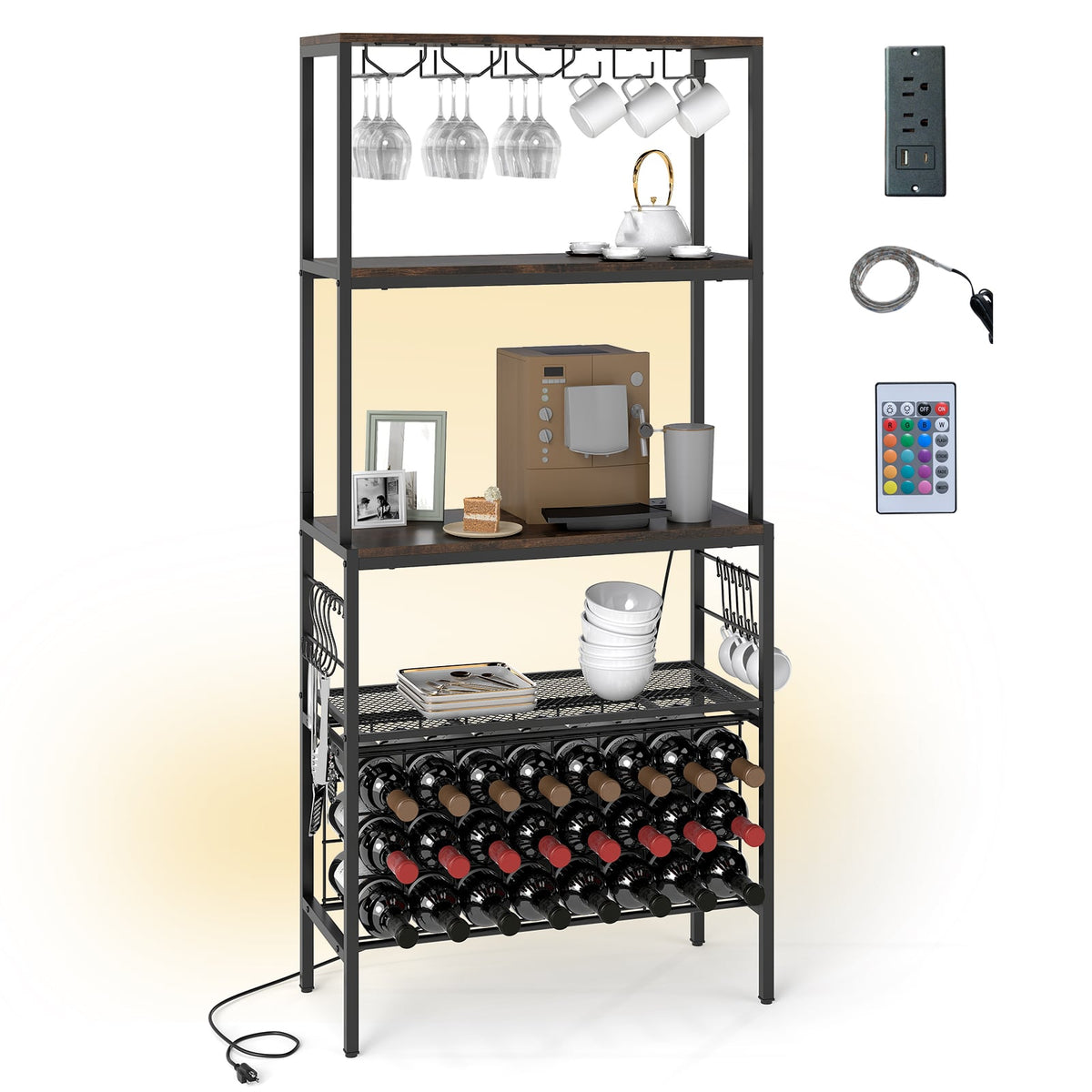 Wine Organizer with Power Outlet and Bottle Holders-Rustic Brown-Wine Racks-DECOROLALA