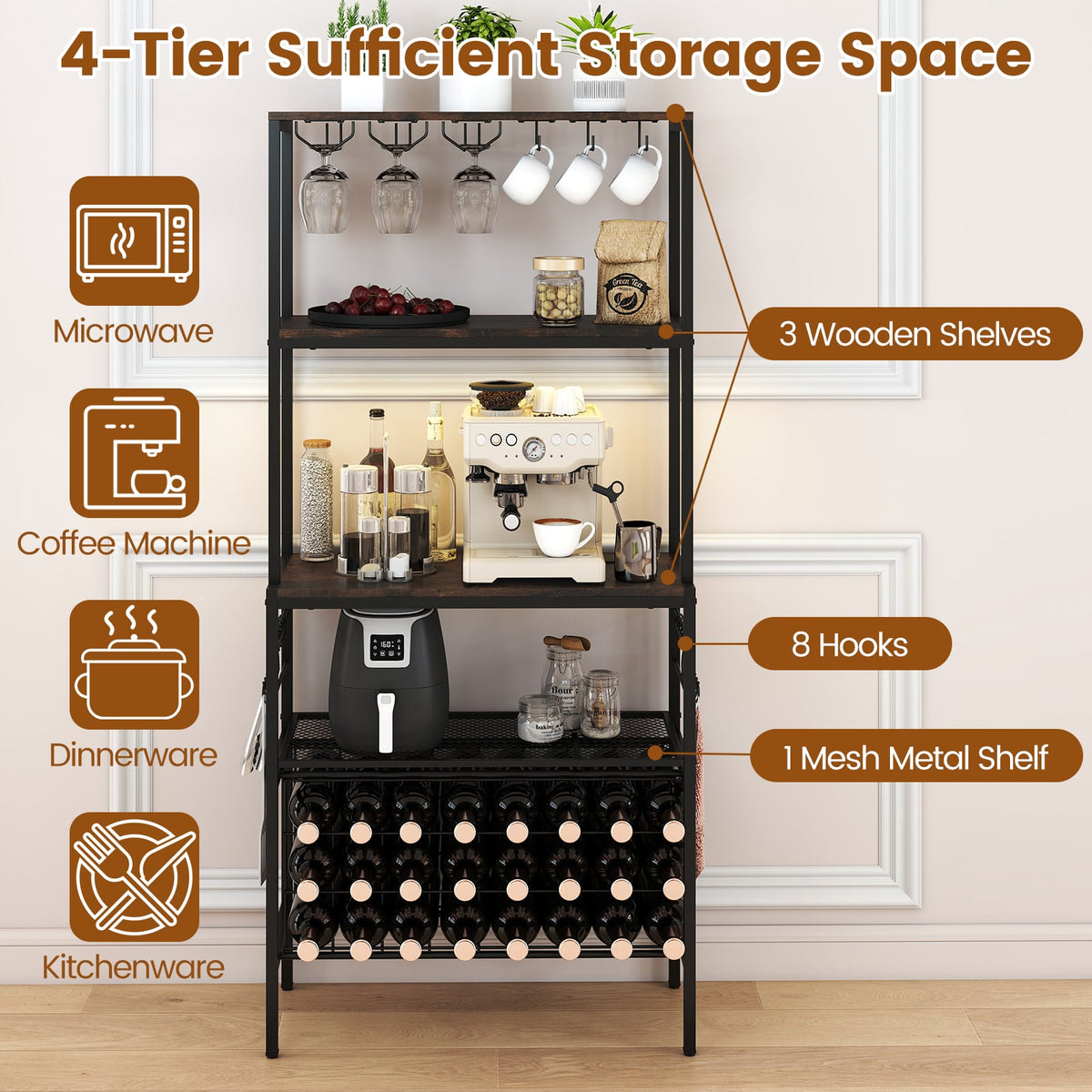 Wine Organizer with Power Outlet and Bottle Holders-Rustic Brown-Wine Racks-DECOROLALA