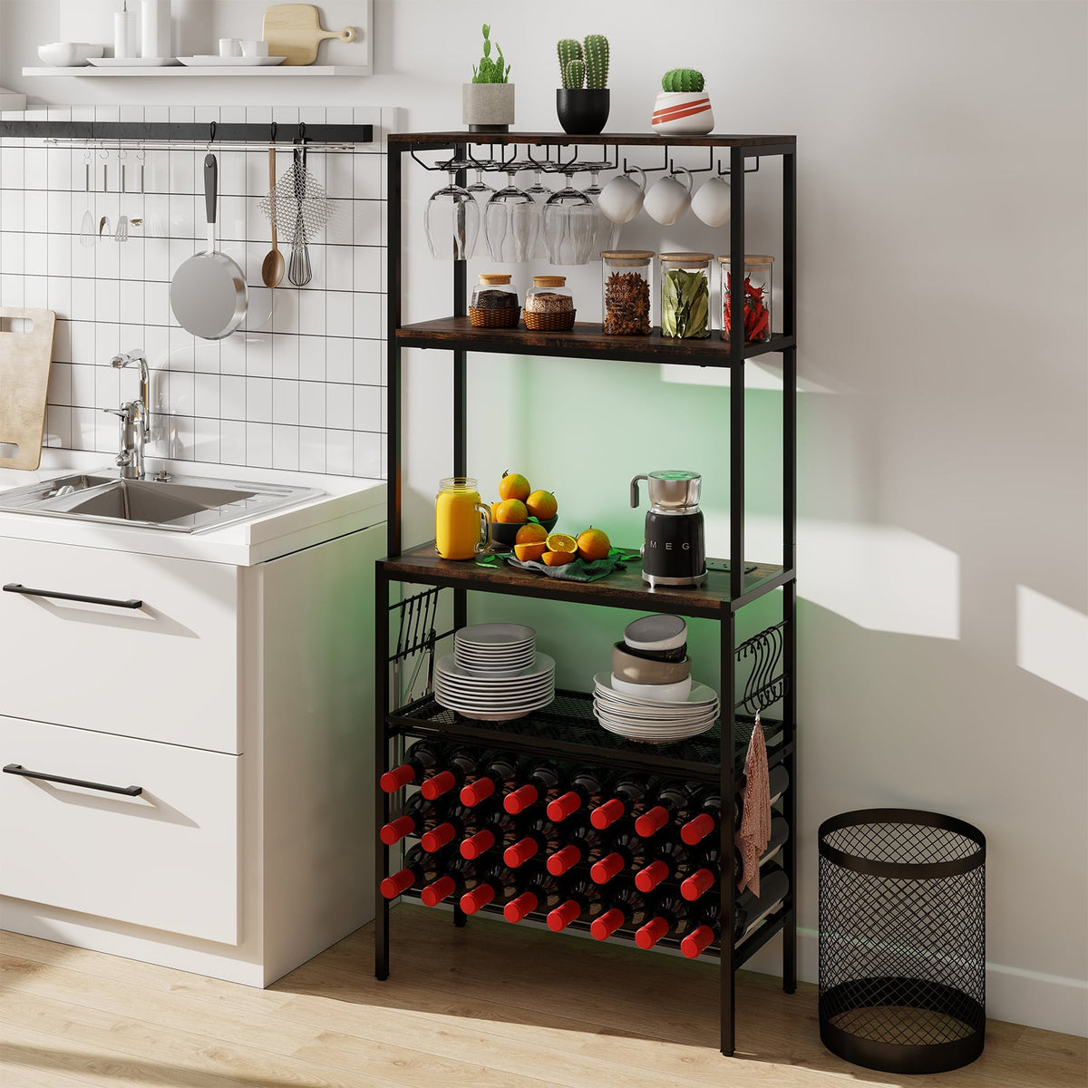 Wine Organizer with Power Outlet and Bottle Holders-Rustic Brown-Wine Racks-DECOROLALA