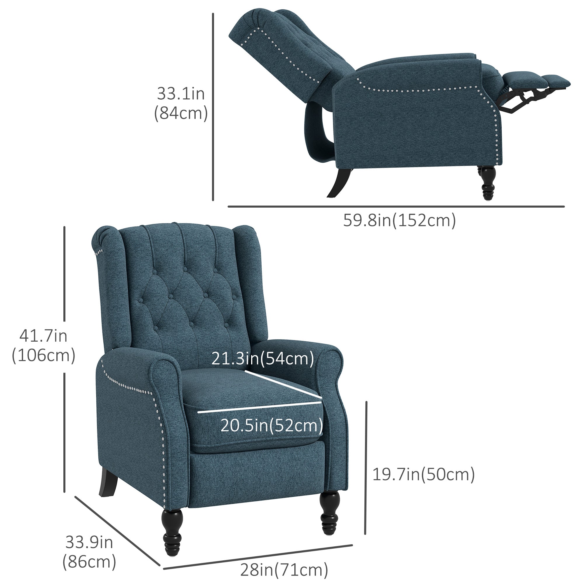 Wingback Reclining Chair Blue Linen-DECOROLALA