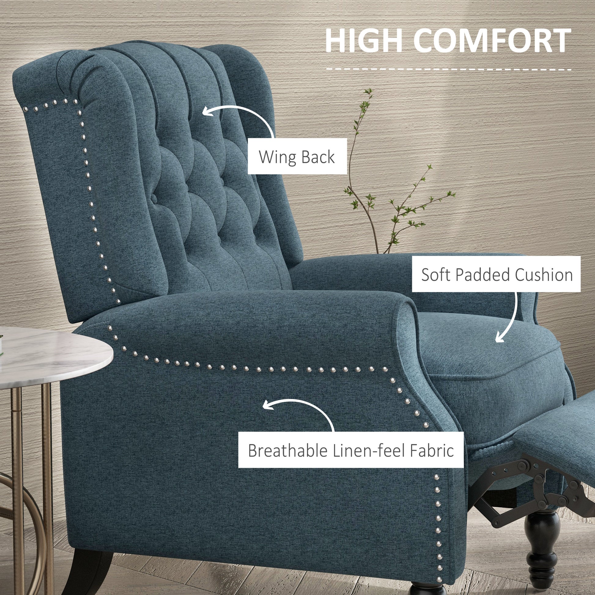 Wingback Reclining Chair Blue Linen-DECOROLALA