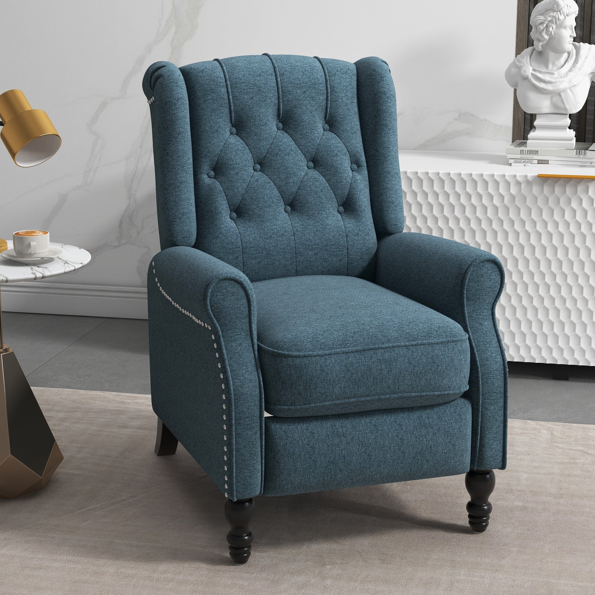 Wingback Reclining Chair Blue Linen-DECOROLALA