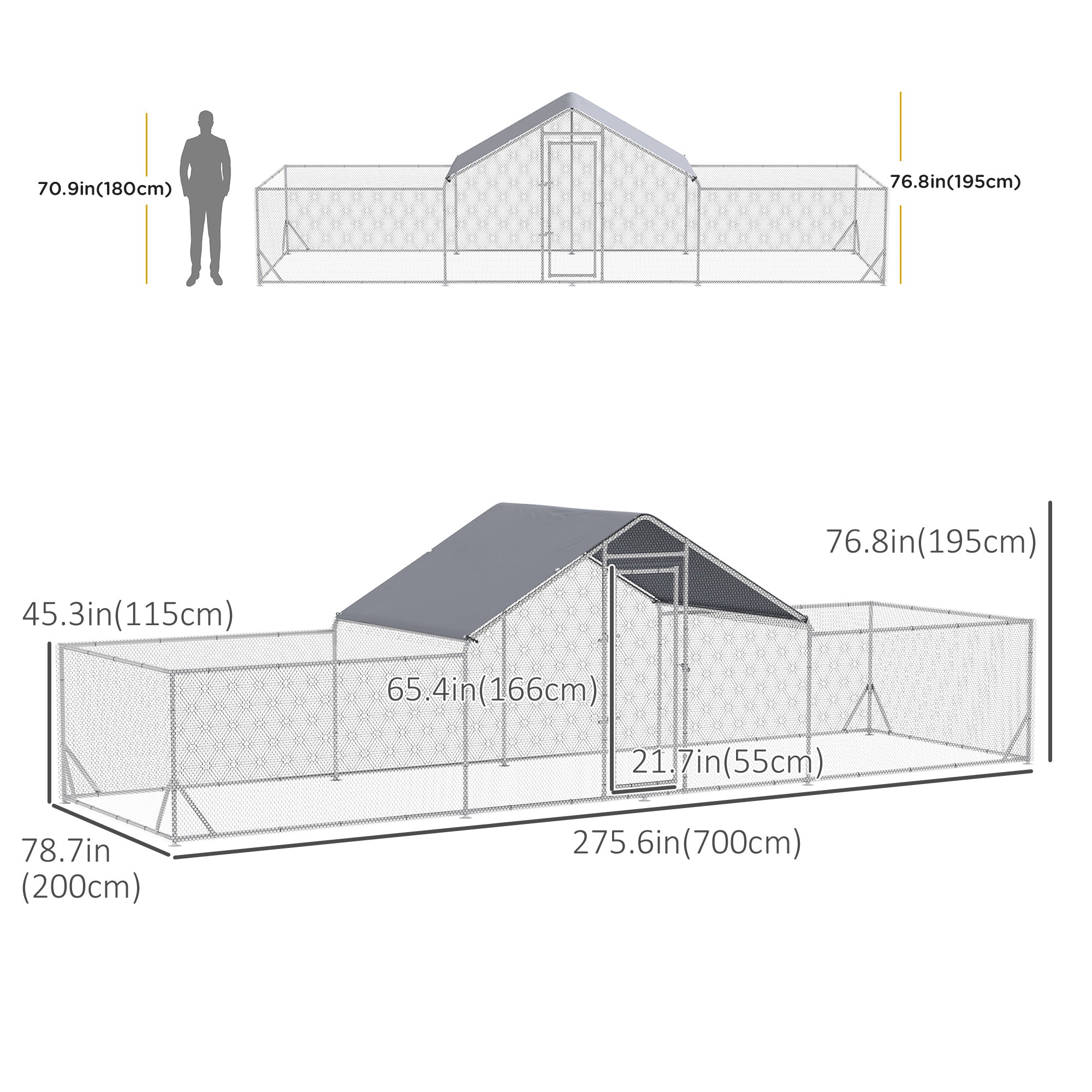 Poulailler, 23' x 6.6' en métal avec couverture imperméable et anti-UV, toit en pointe, porte, pour 12 à 14 poules, canards et lapins, argenté