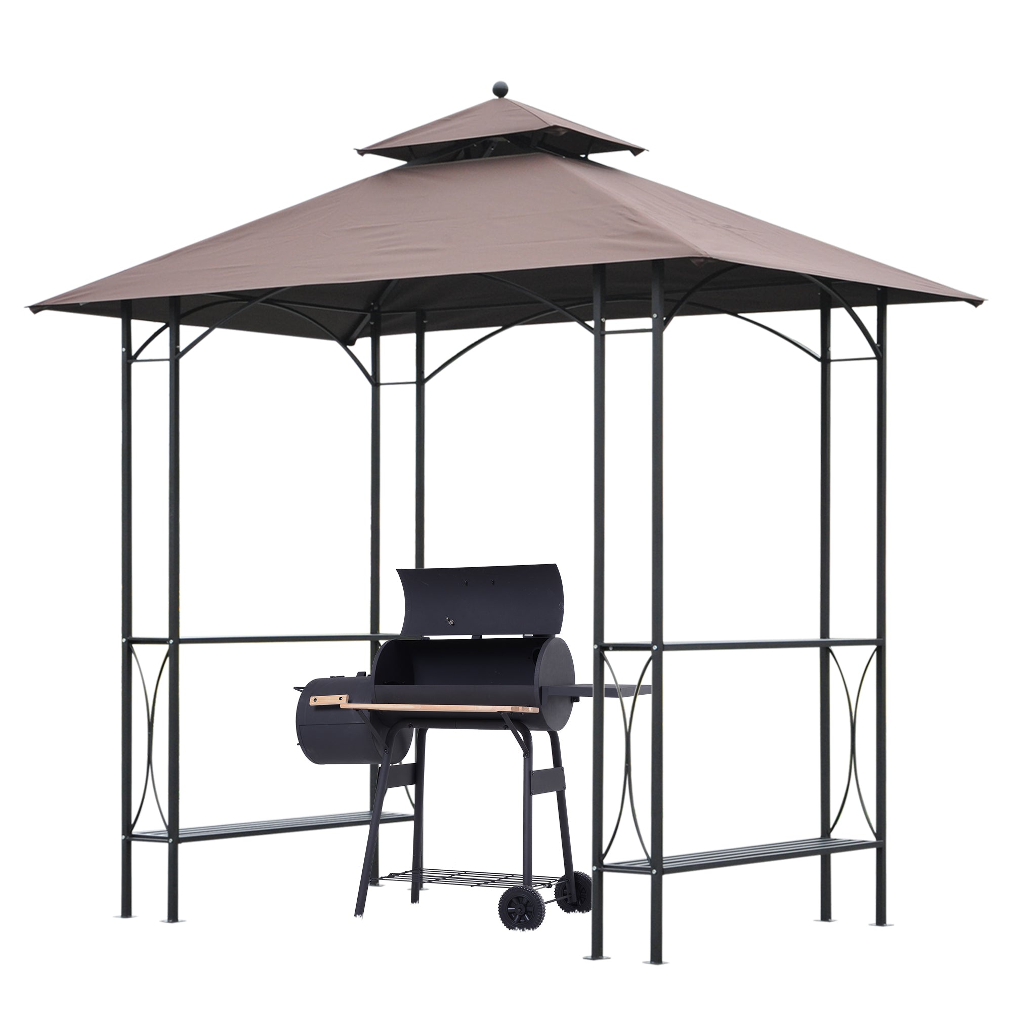 8' x 5' Double Tiered Grill Gazebo - Coffee Steel Canopy with Shelves