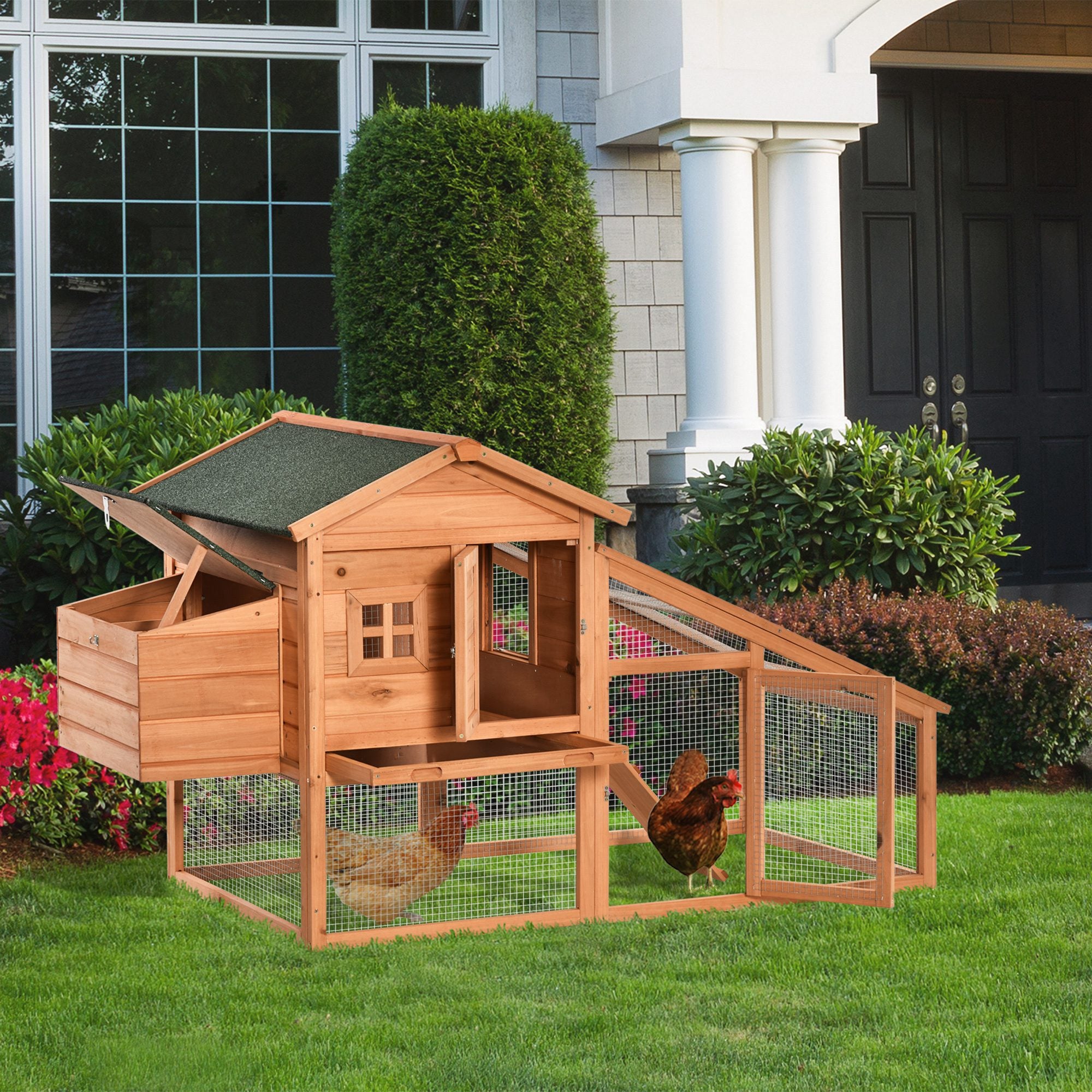 69" Chicken Coop Wooden Hen House Rabbit Hutch Poultry Cage Pen Outdoor Backyard with Outdoor Run Resting Nesting Box Removable Tray Waterproof Asphalt Roof Lockable Door Yellow and Green