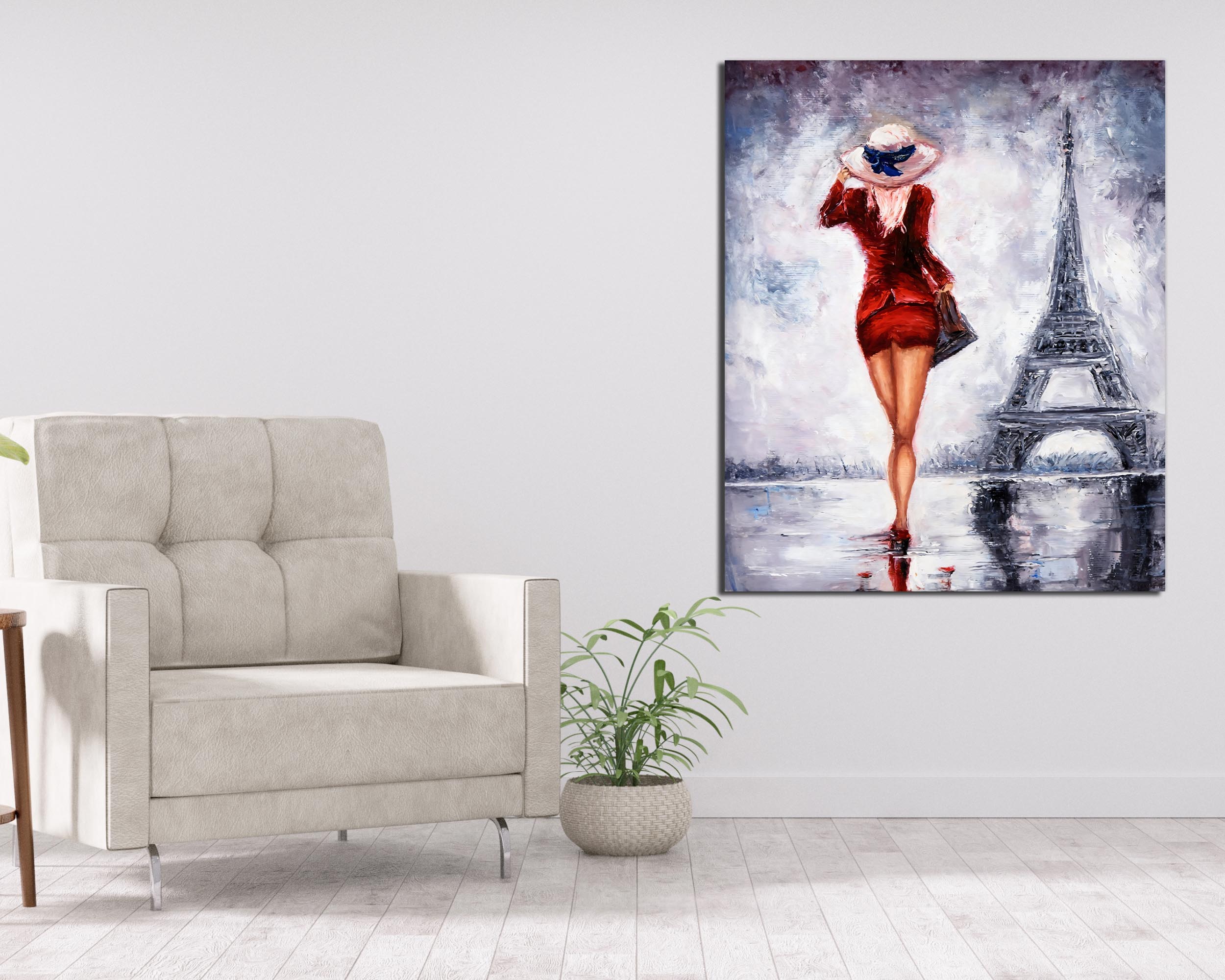 Woman in Red Eiffel Tower Canvas Print 36x48 Abstract Art-Wall Art-DECOROLALA