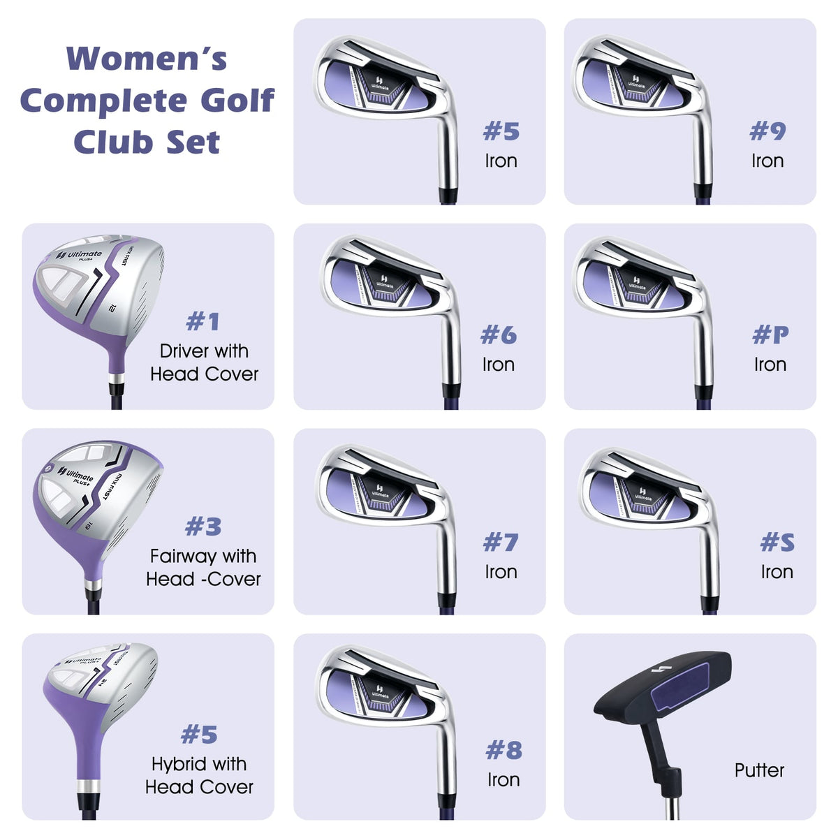 Women's Complete Golf Club Set Right Hand with Rain Hood-Purple-Golf-DECOROLALA