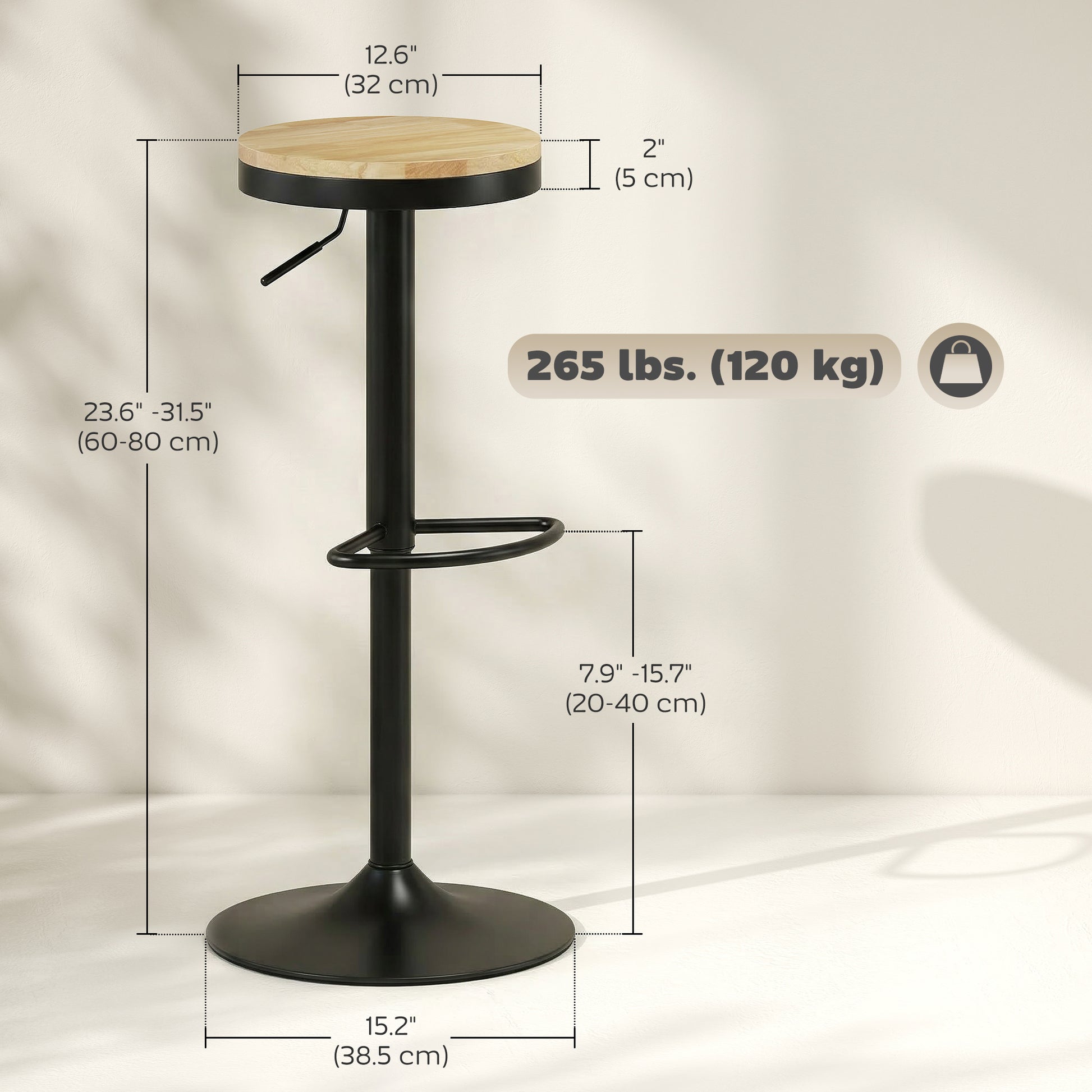 Wood Barstools Set of 2, Swivel Bar Stools with Adjustable Height for Kitchen Counter, Natural Wood and Black-Home Furnishings > Kitchen & Dining Furniture > Bar Stools-DECOROLALA