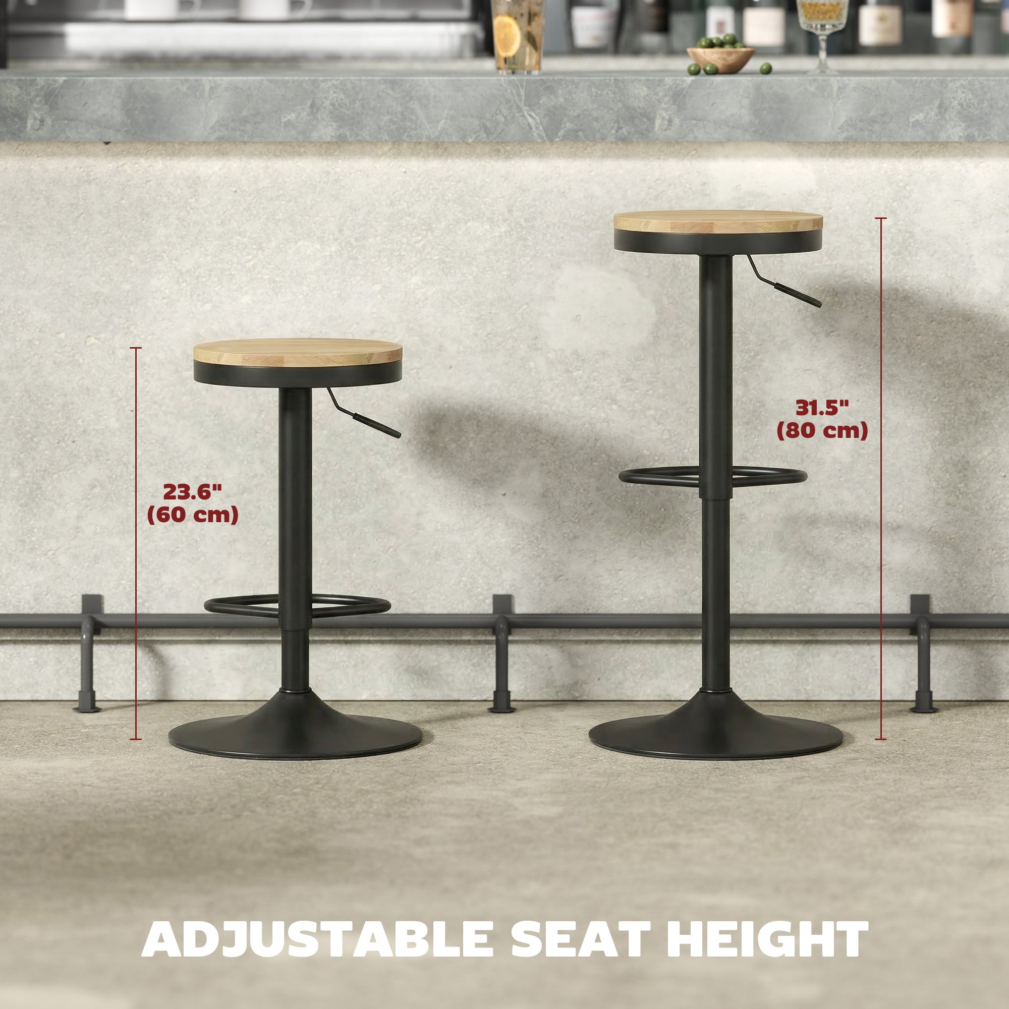 Wood Barstools Set of 2, Swivel Bar Stools with Adjustable Height for Kitchen Counter, Natural Wood and Black-Home Furnishings > Kitchen & Dining Furniture > Bar Stools-DECOROLALA