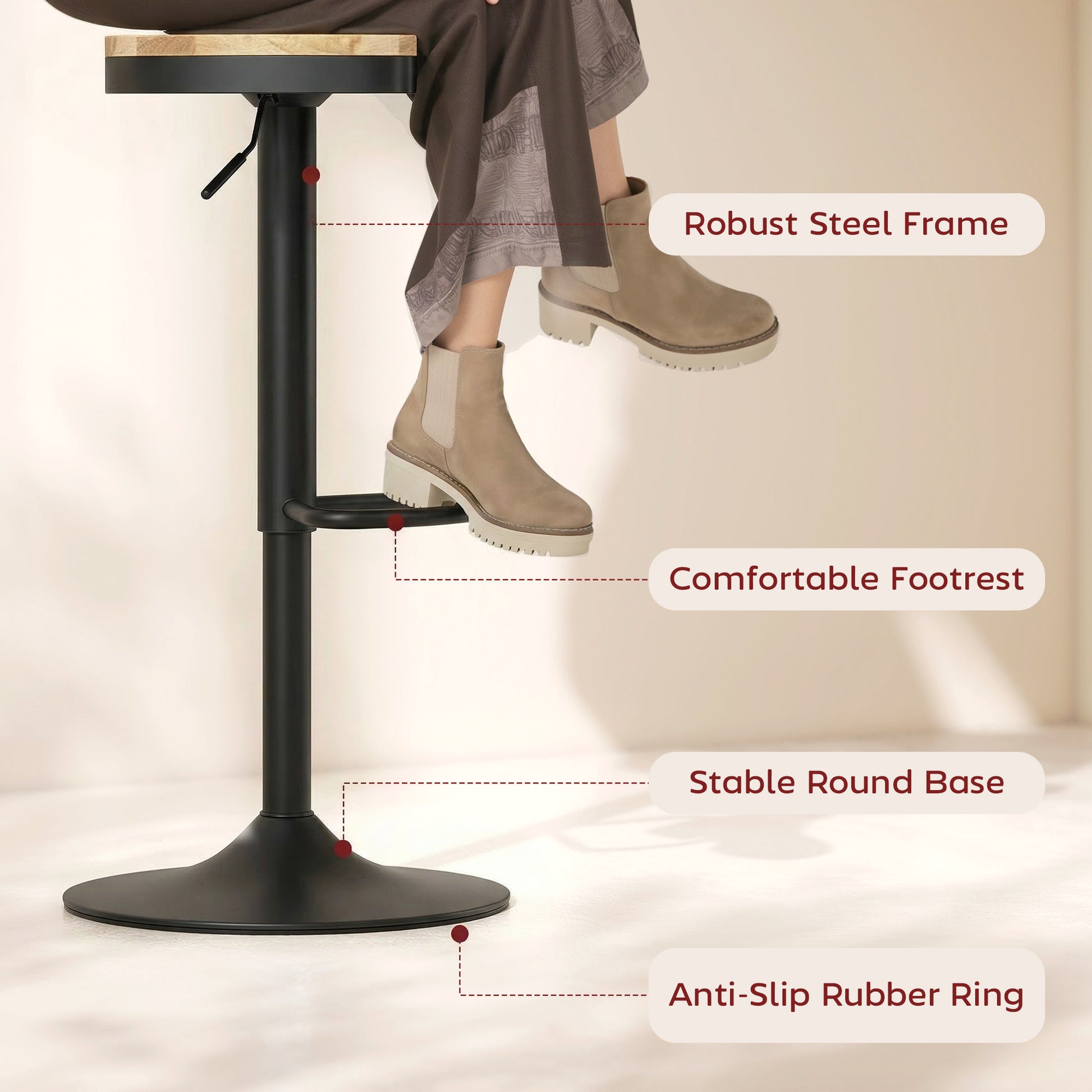 Wood Barstools Set of 2, Swivel Bar Stools with Adjustable Height for Kitchen Counter, Natural Wood and Black-Home Furnishings > Kitchen & Dining Furniture > Bar Stools-DECOROLALA