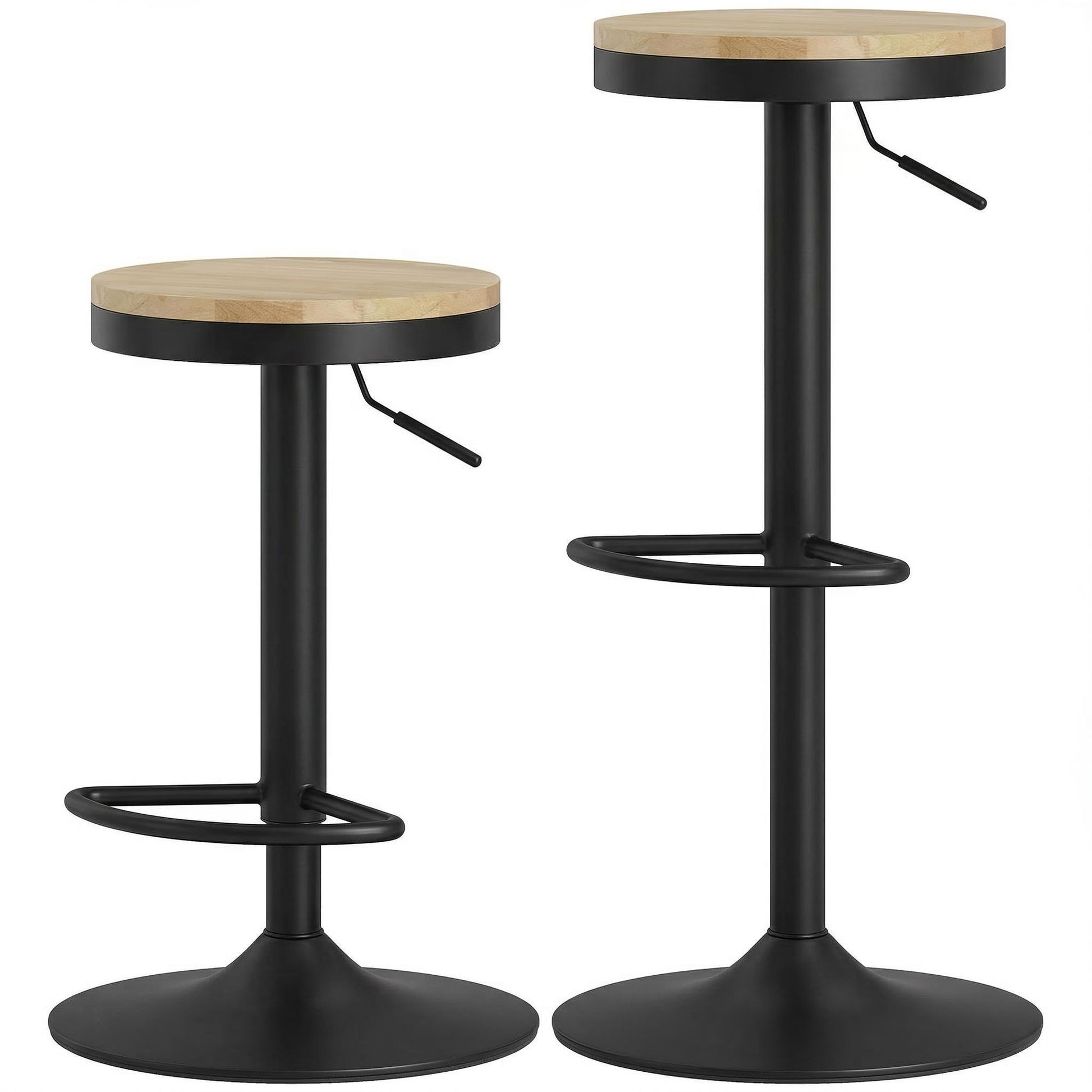 Wood Barstools Set of 2, Swivel Bar Stools with Adjustable Height for Kitchen Counter, Natural Wood and Black-Home Furnishings > Kitchen & Dining Furniture > Bar Stools-DECOROLALA