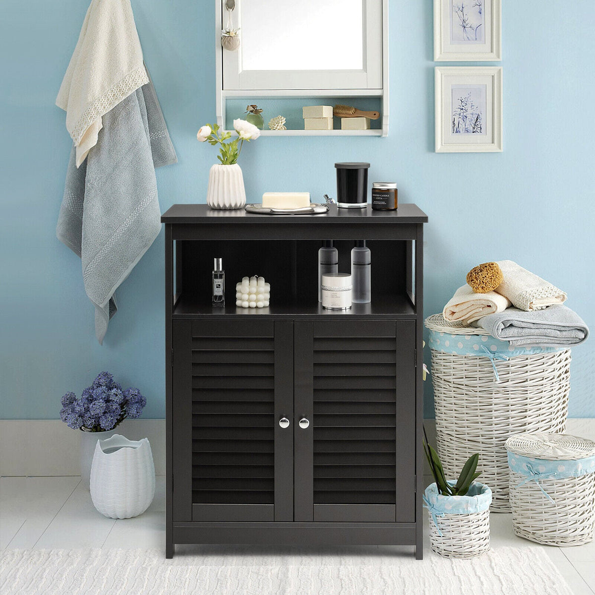 Wood Bathroom Storage Cabinet - Black Double Shutter Door 31.5"H-Bathroom Floor Cabinets-DECOROLALA