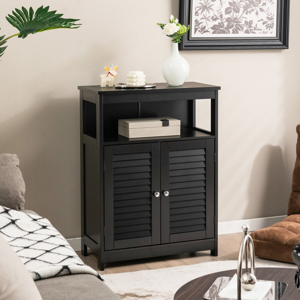 Wood Bathroom Storage Cabinet - Black Double Shutter Door 31.5"H-Floor Cabinets-DECOROLALA